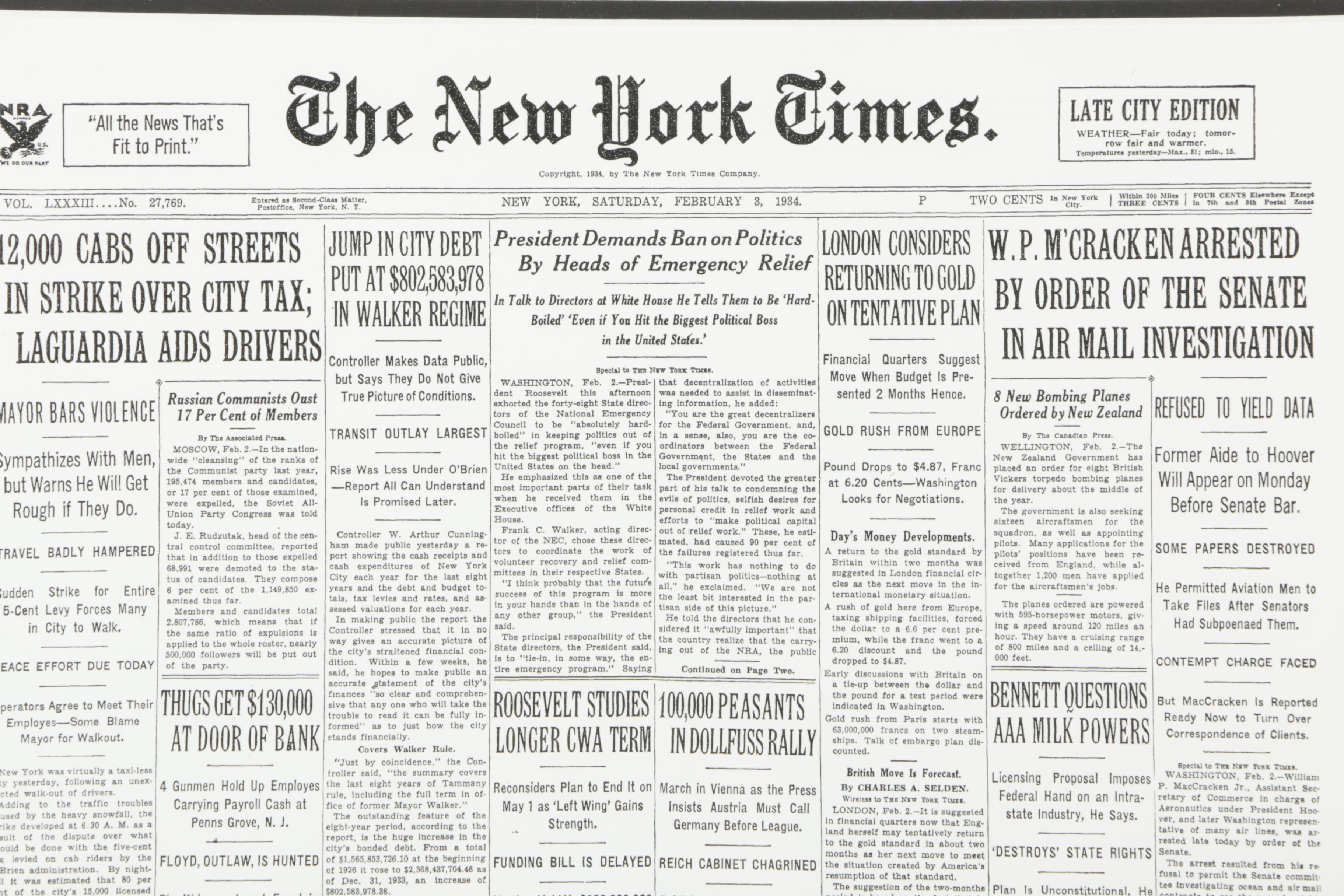 Reproduction Print Of "New York Times" Front Page From February 3, 1934 ...