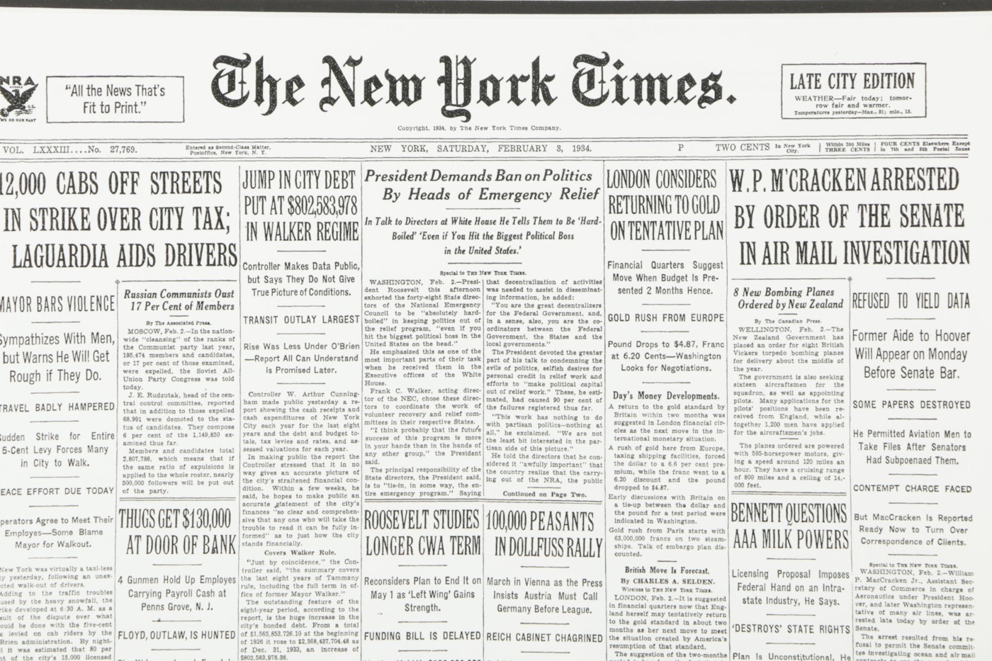 Reproduction Print of "New York Times" Front Page From February 3, 1934