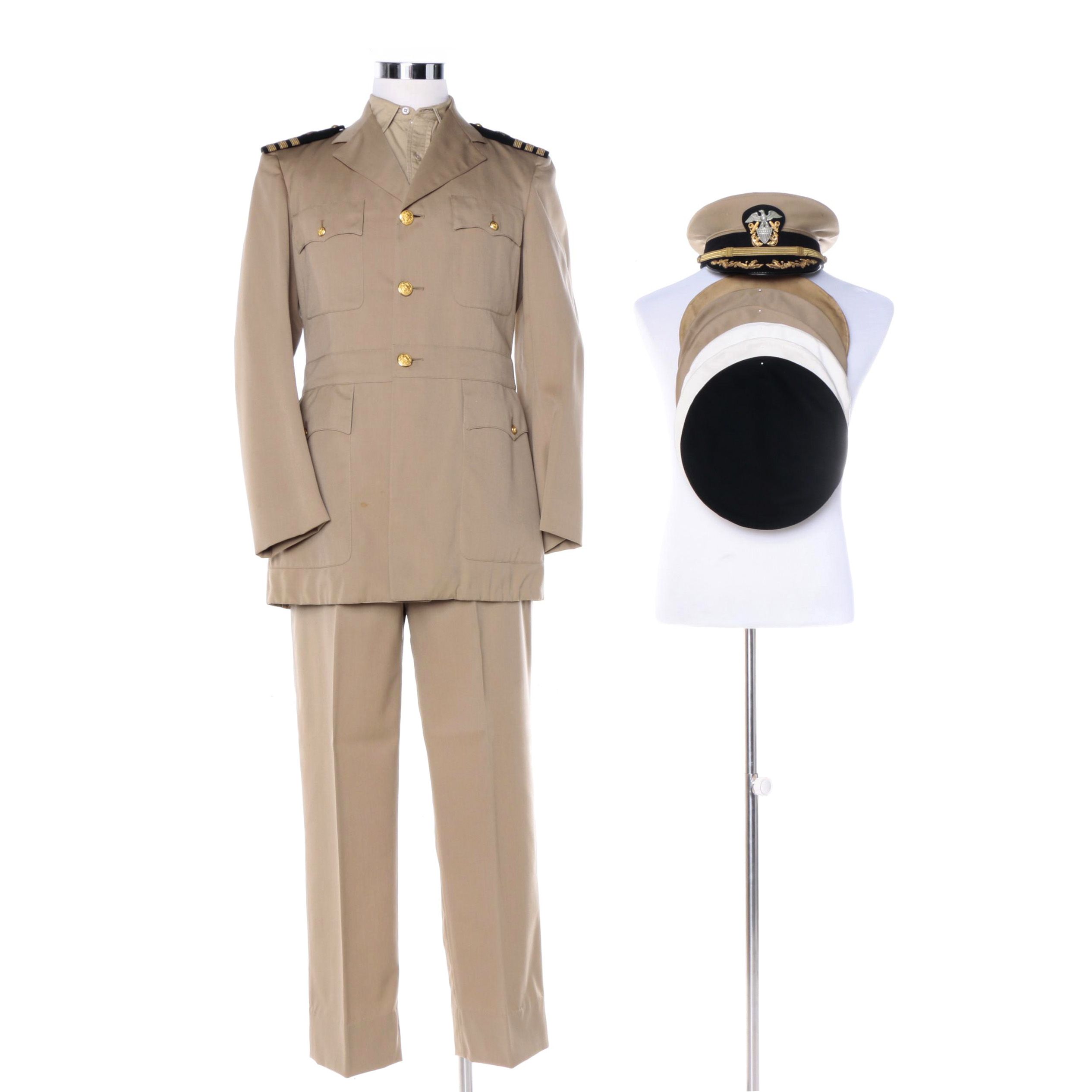 Vintage US Navy Service Dress Khaki Uniform, Cap and Covers EBTH