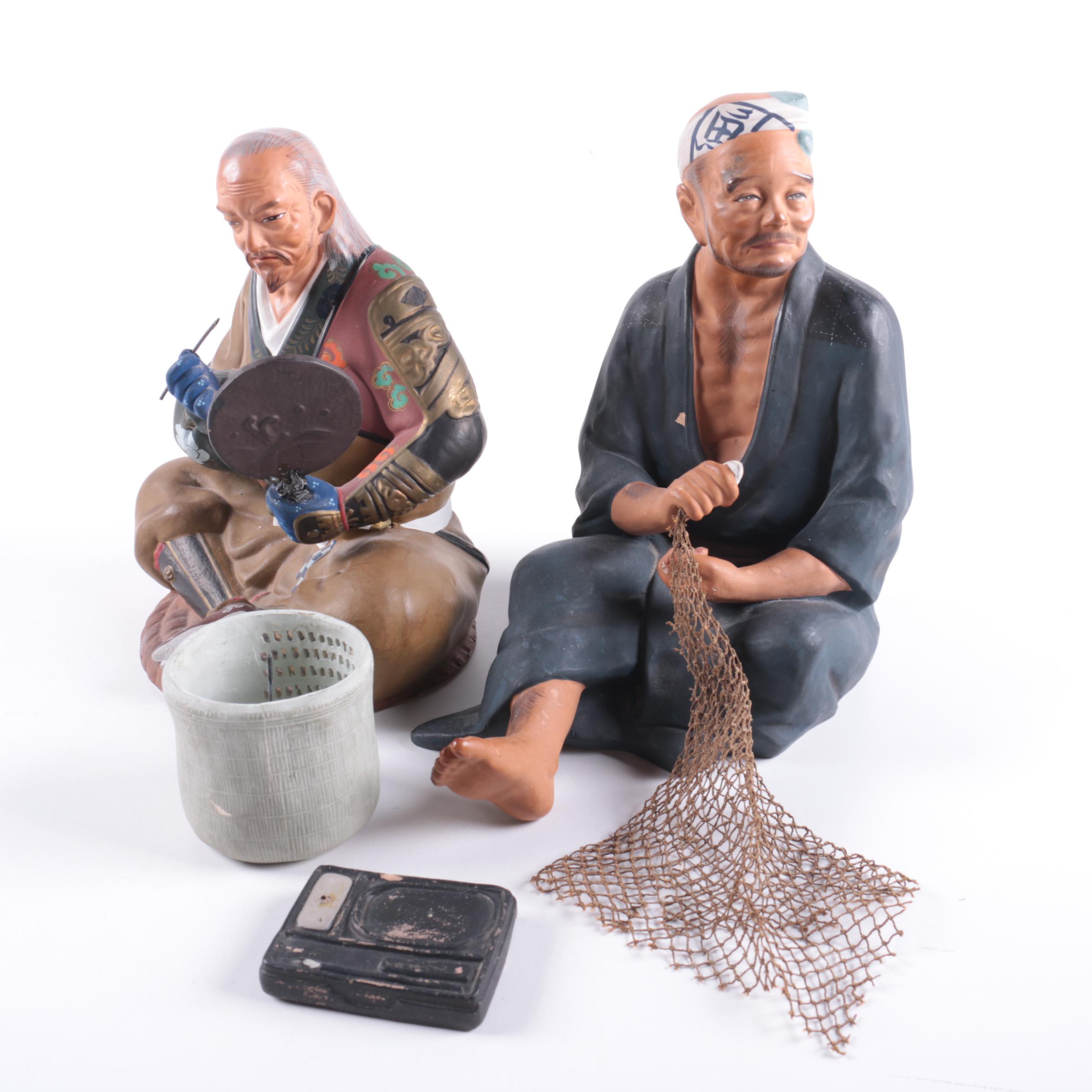 Japanese Ceramic Figurines Including Hakata Urasaki Doll "Fisherman" EBTH