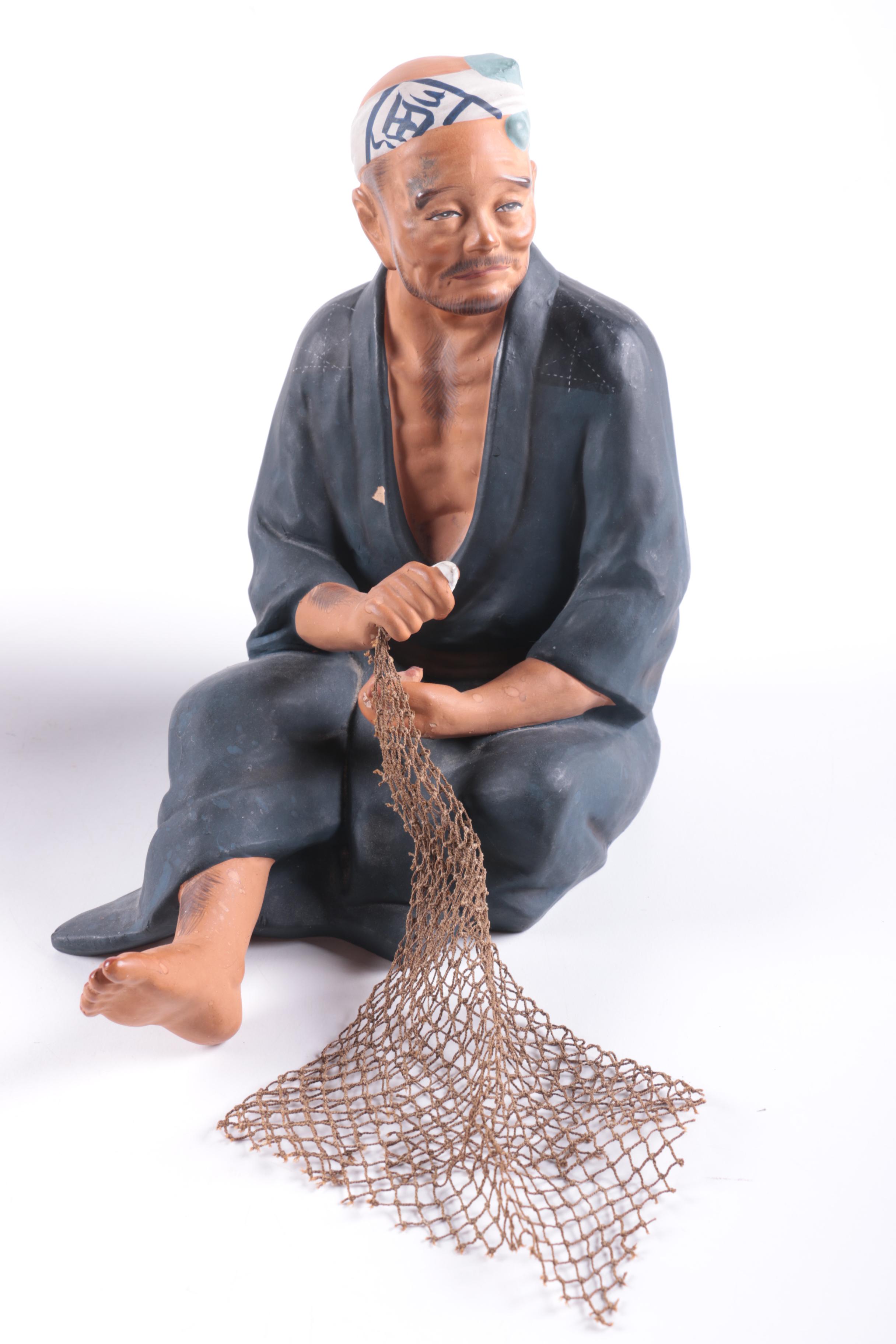 Japanese Ceramic Figurines Including Hakata Urasaki Doll "Fisherman" EBTH