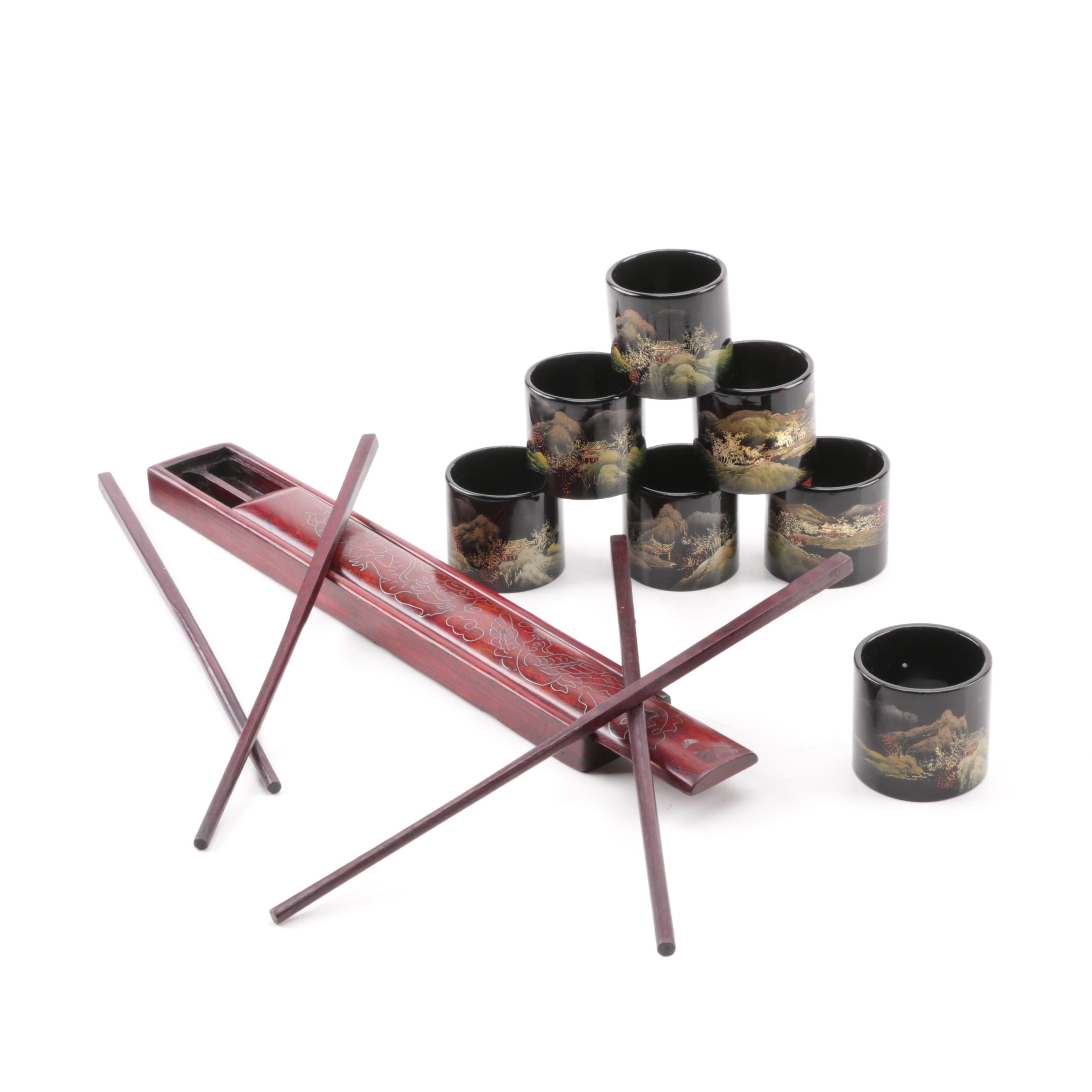 Red Wooden Chopstick Set with Napkin Rings EBTH