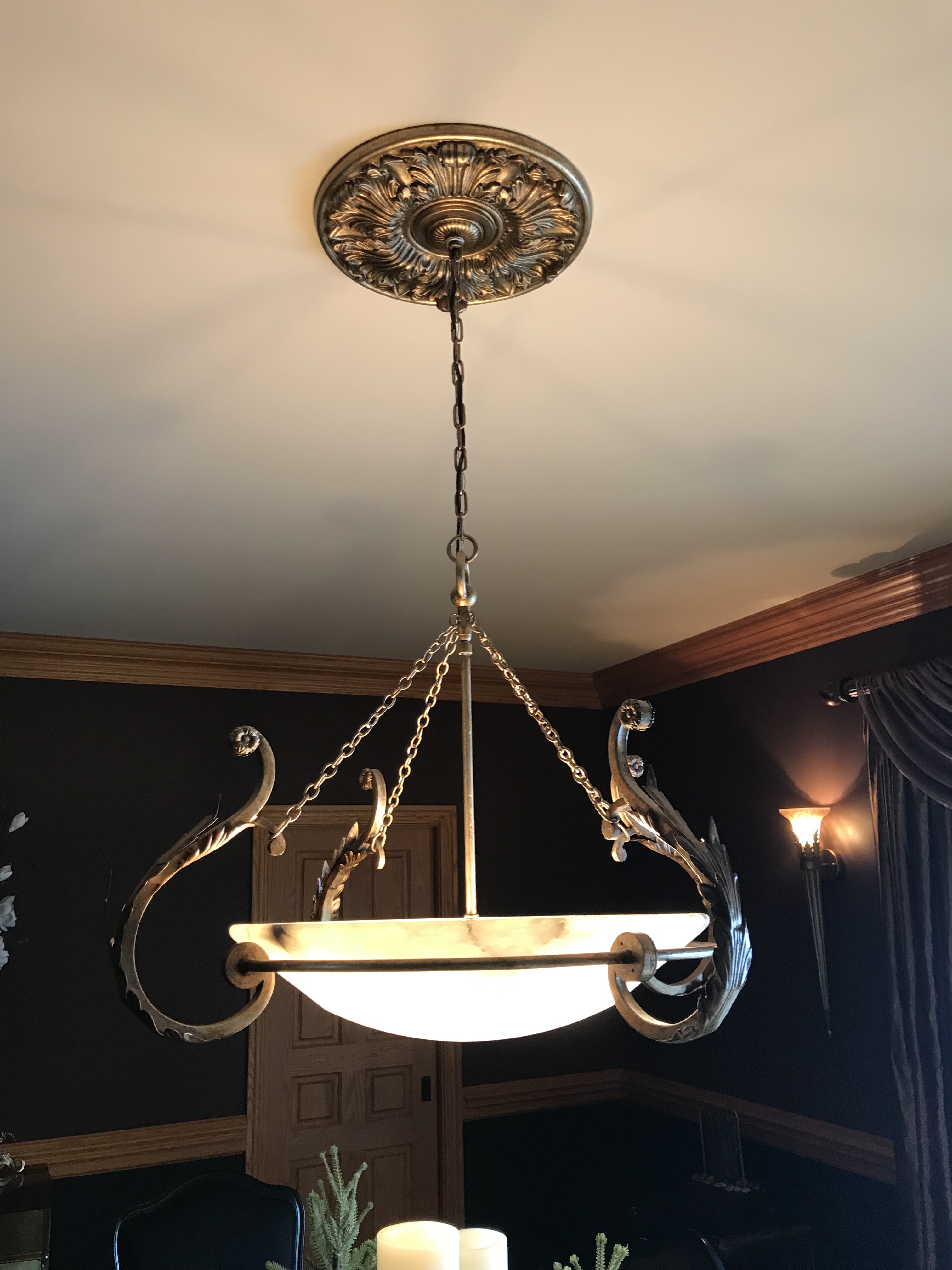 Gold Tone Pendant Light With Ceiling Medallion