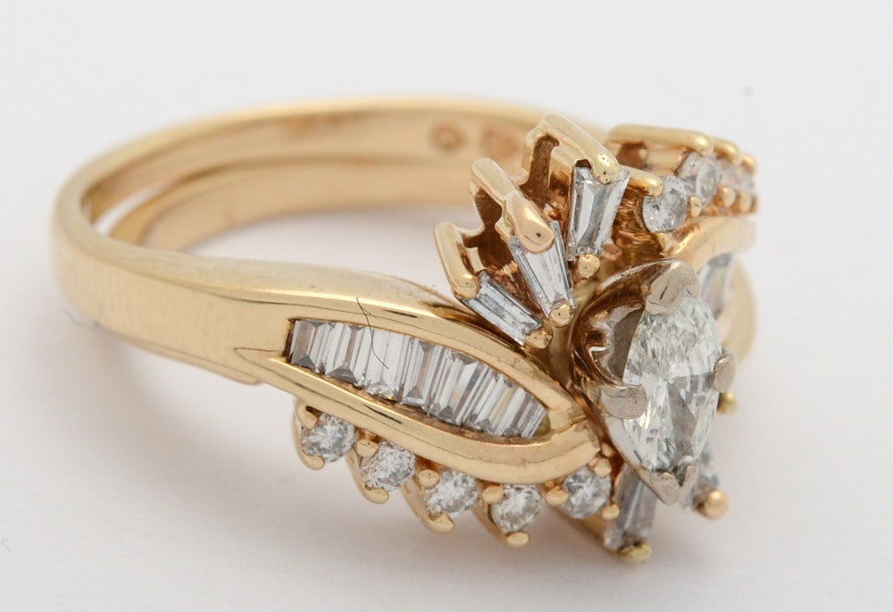 14K Yellow Gold Marquise Cut Diamond Wedding Ring Set EBTH 14K Yellow Gold Marquise Cut Diamond Wedding Ring Set EBTH