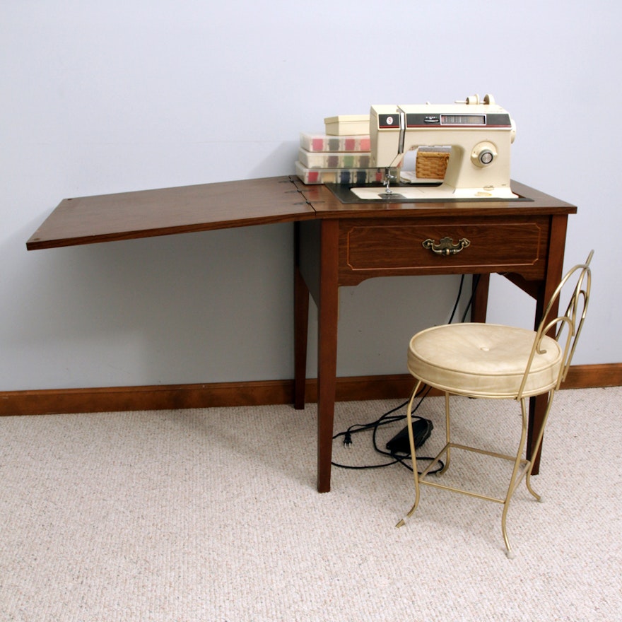 Singer Sewing Machine Table, Chair and Sewing Supplies