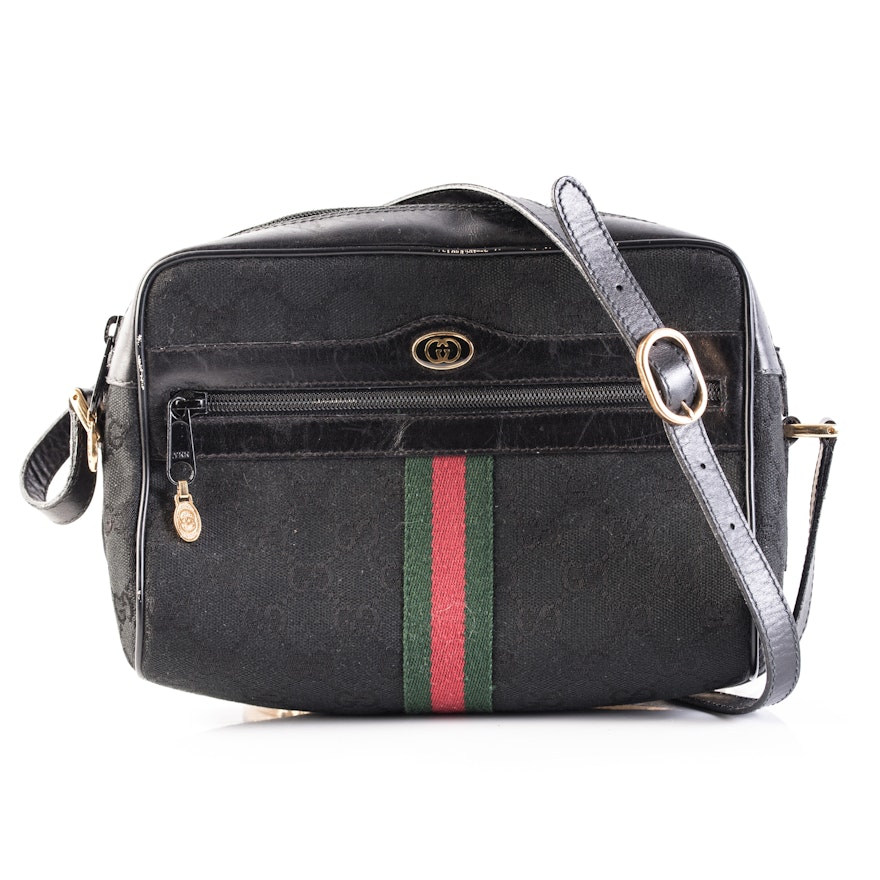 Vintage Gucci Accessory Collection Black Canvas and Leather Crossbody Bag | EBTH