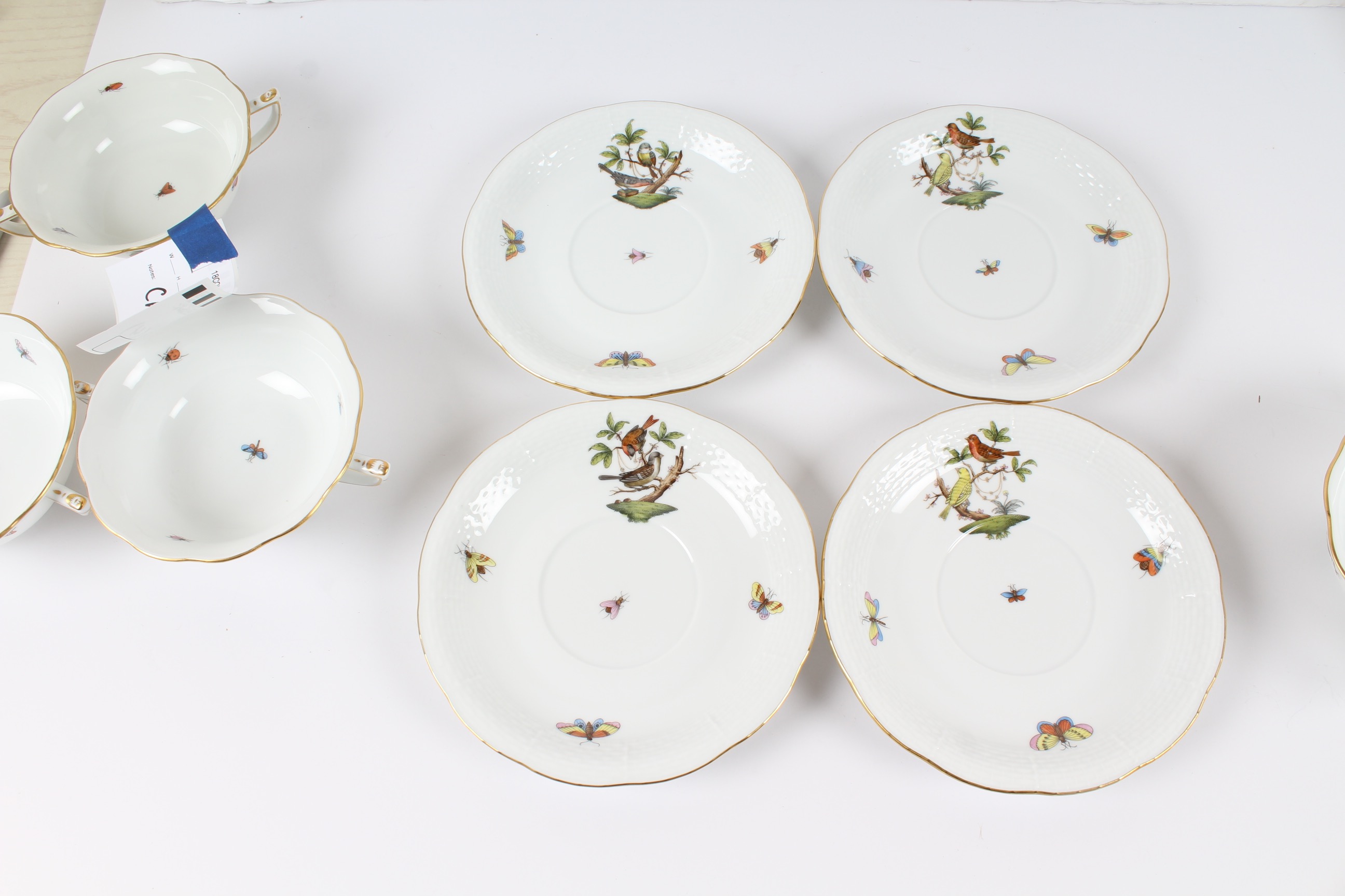 Herend "Rothschild Bird" Cream Soup Bowls with Underplates EBTH