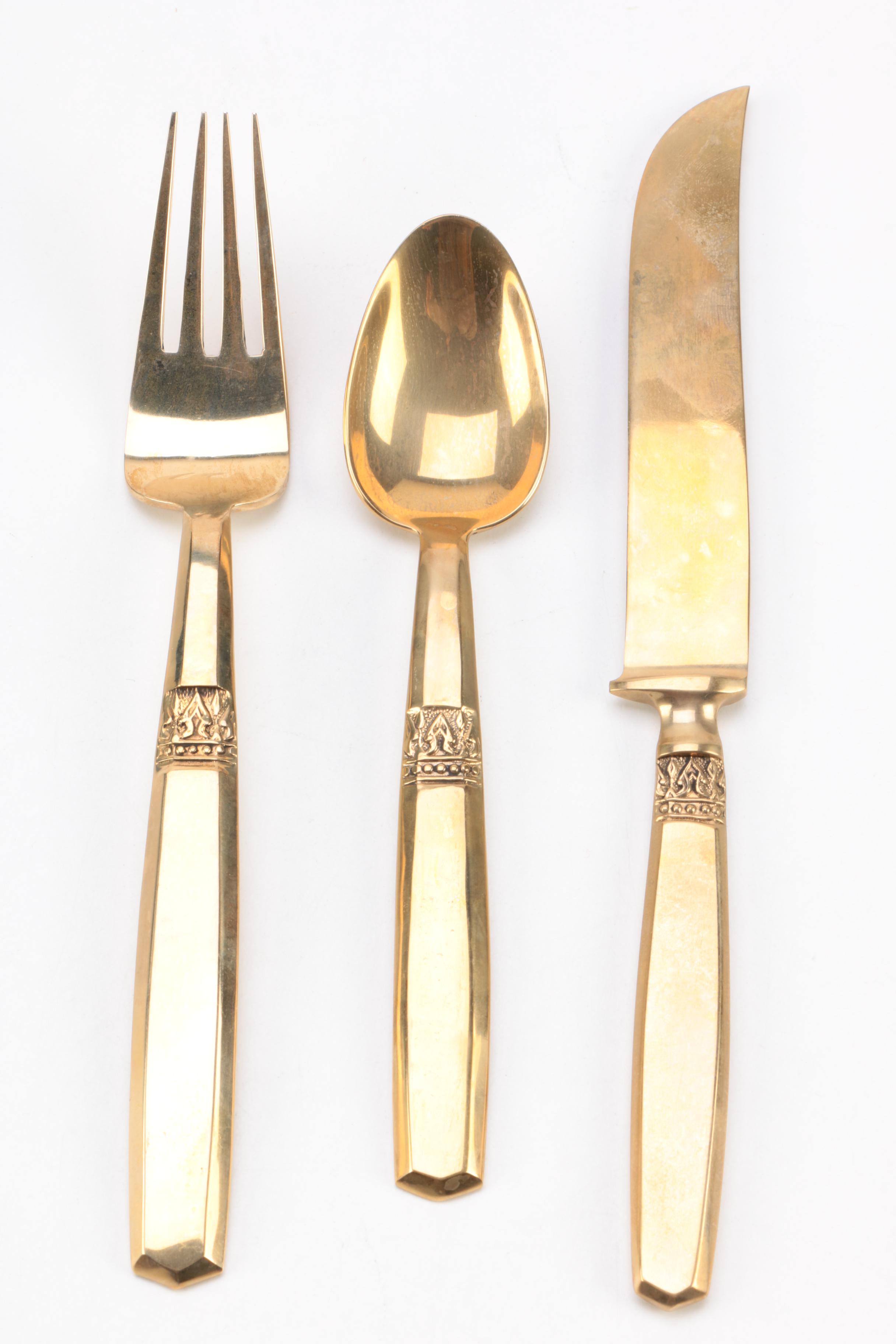 Thailand Brass Flatware Set with Wooden Flatware Storage Chest EBTH