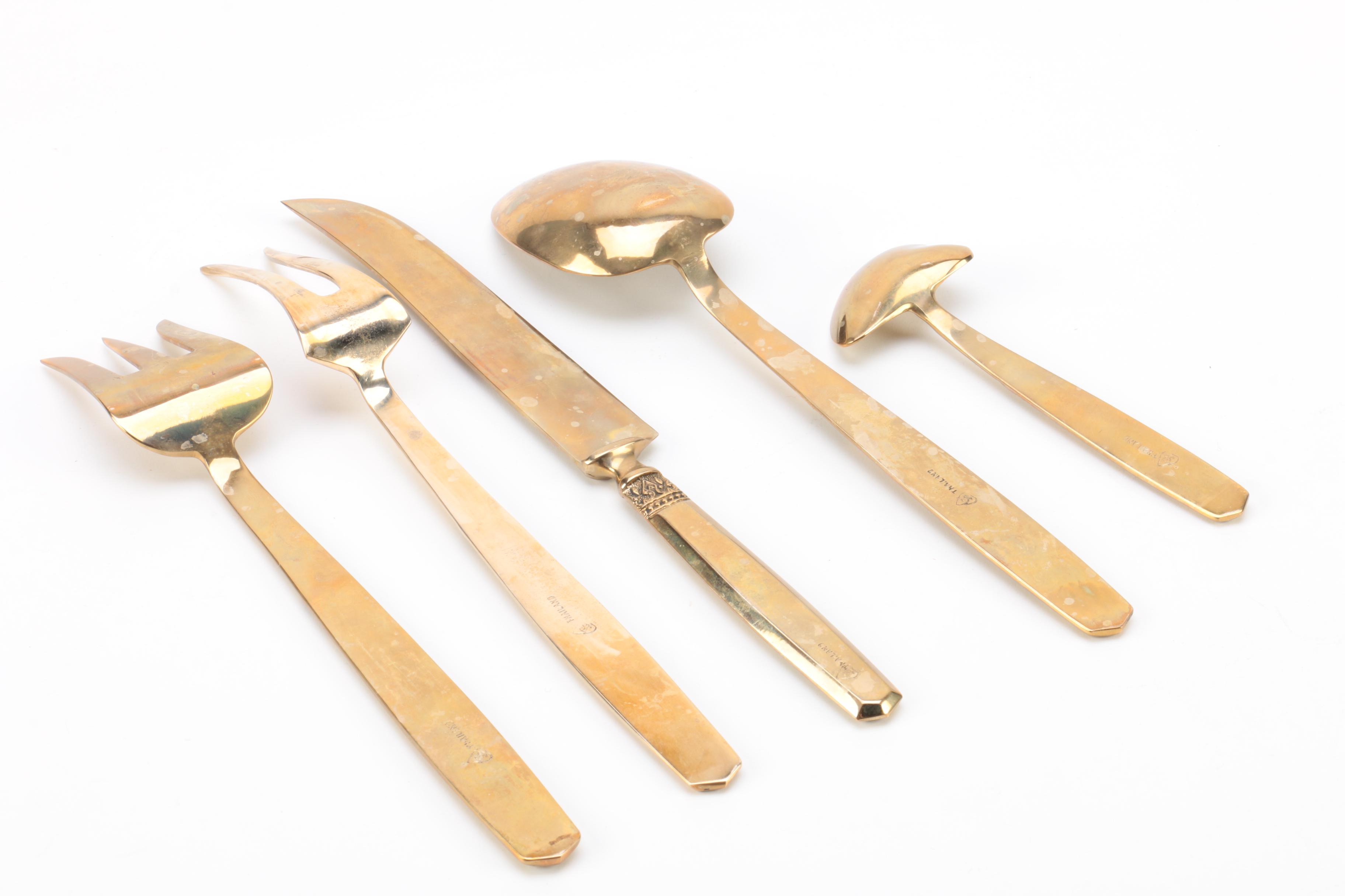 Thailand Brass Flatware Set with Wooden Flatware Storage Chest EBTH