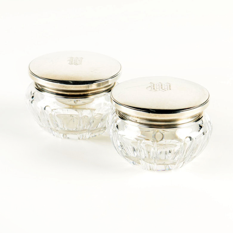 La Pierre Mfg. Co. Crystal Vanity Jars with Engraved Sterling Silver