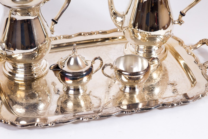 Vintage Oneida Silver Plated Tea Service Set EBTH vintage-oneida-silver-plated-tea-service-set-ebth