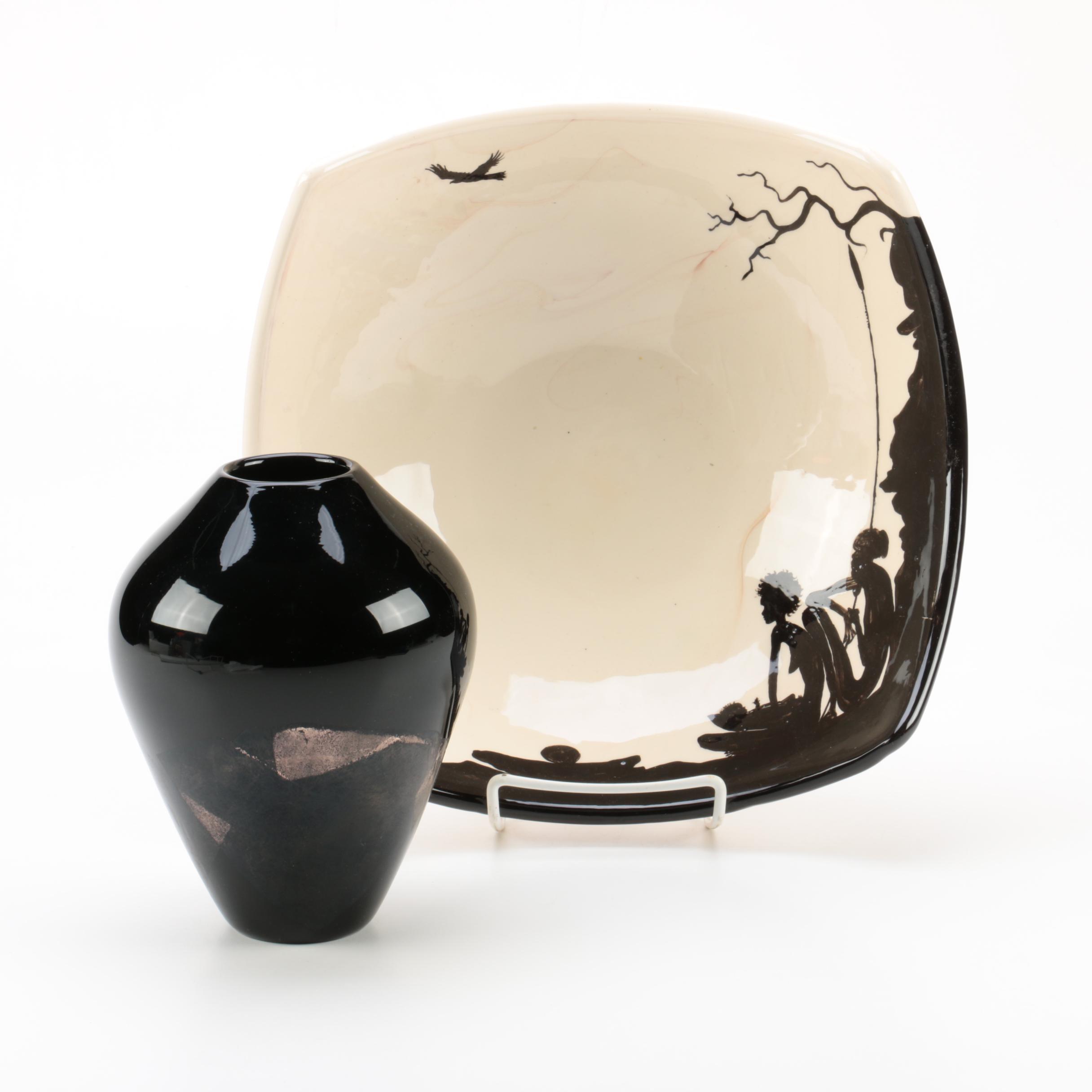 Signed Aboriginal Bowl And Hand Blown Glass Vase Ebth