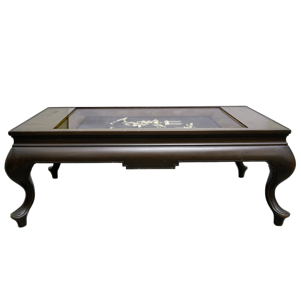 Chinese Glass Top Wood Coffee Table With Shadow Box Display Ebth