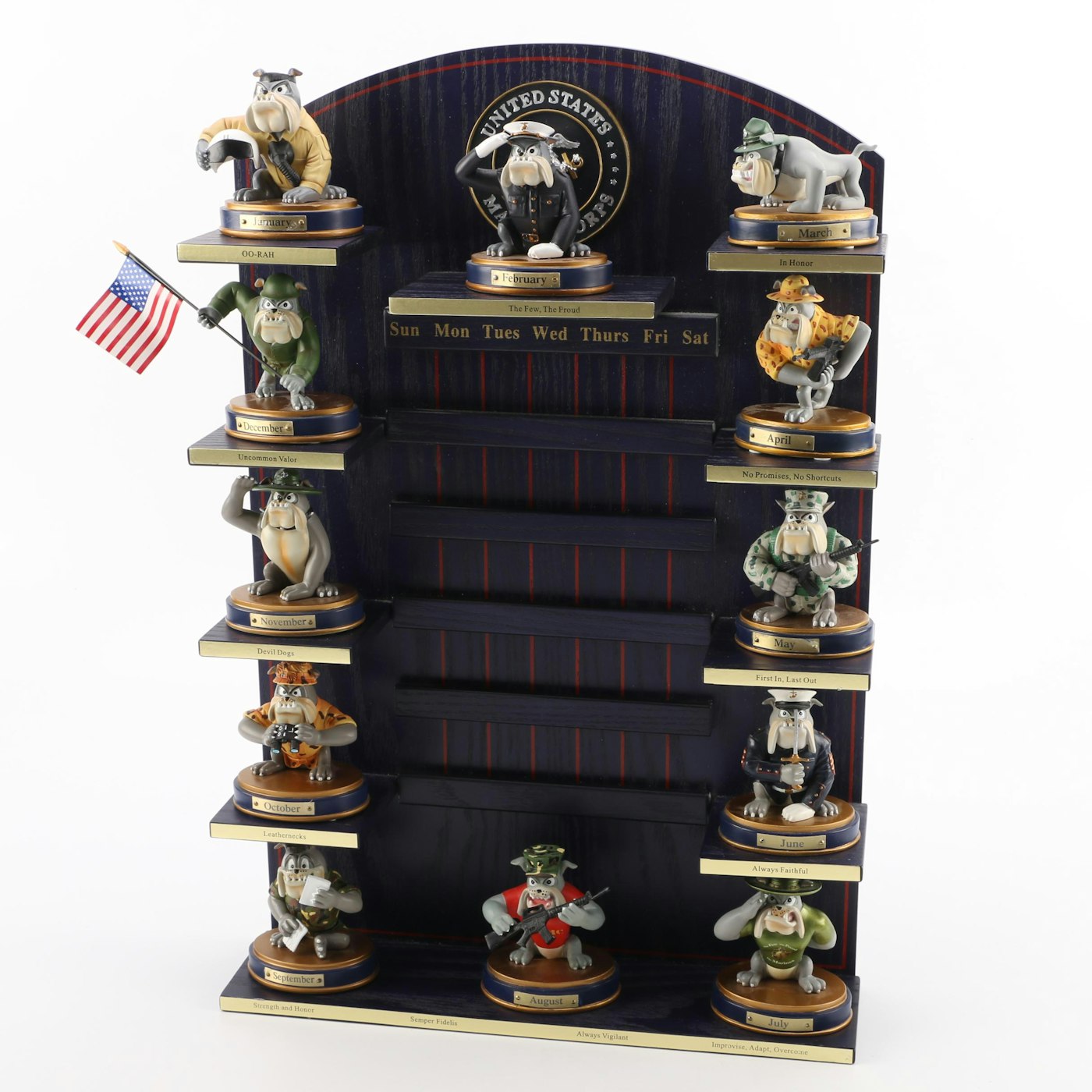 USMC Wooden Display Perpetual Calendar With Bradford Exchange Bulldog