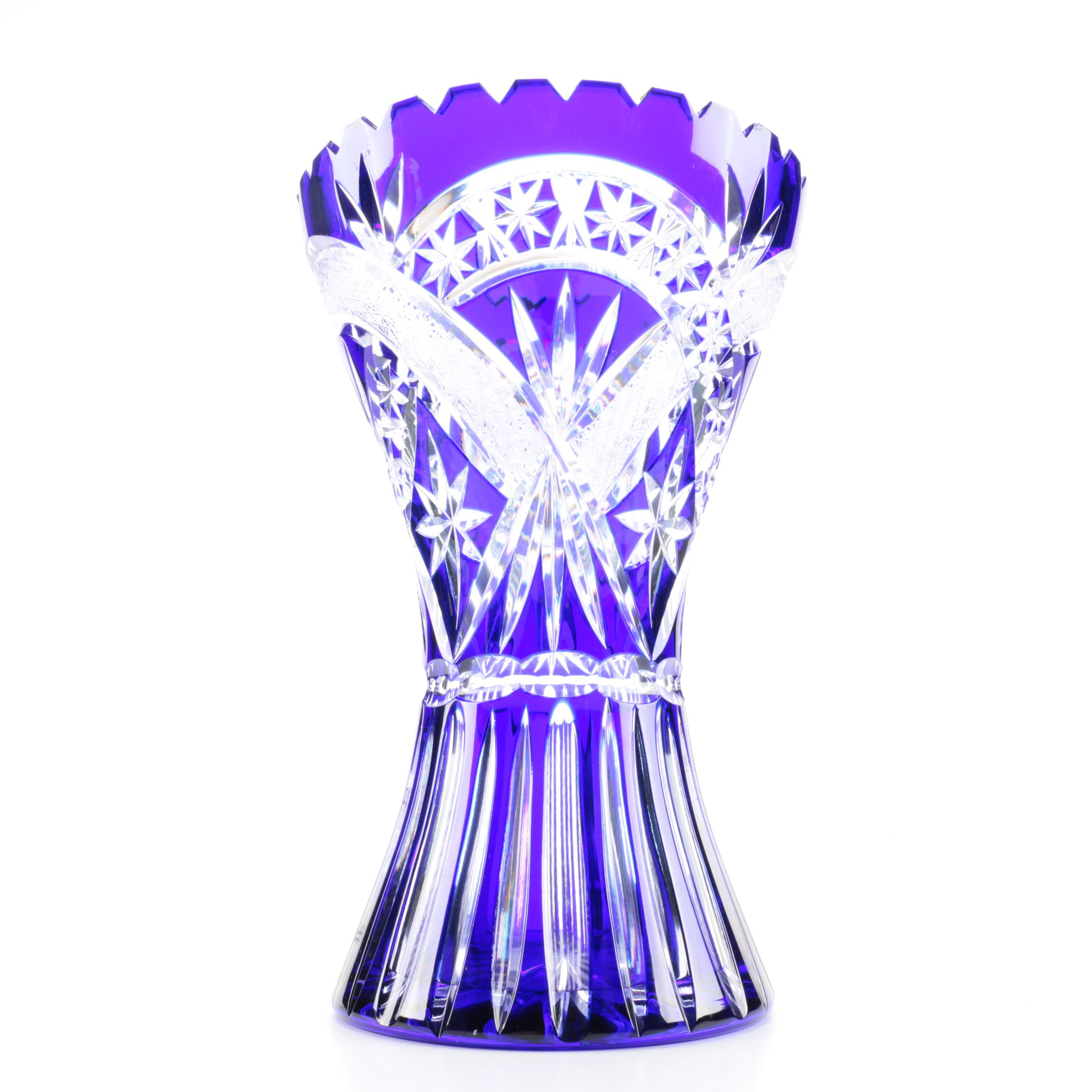 Cobalt Blue Cut to Clear Crystal Vase EBTH