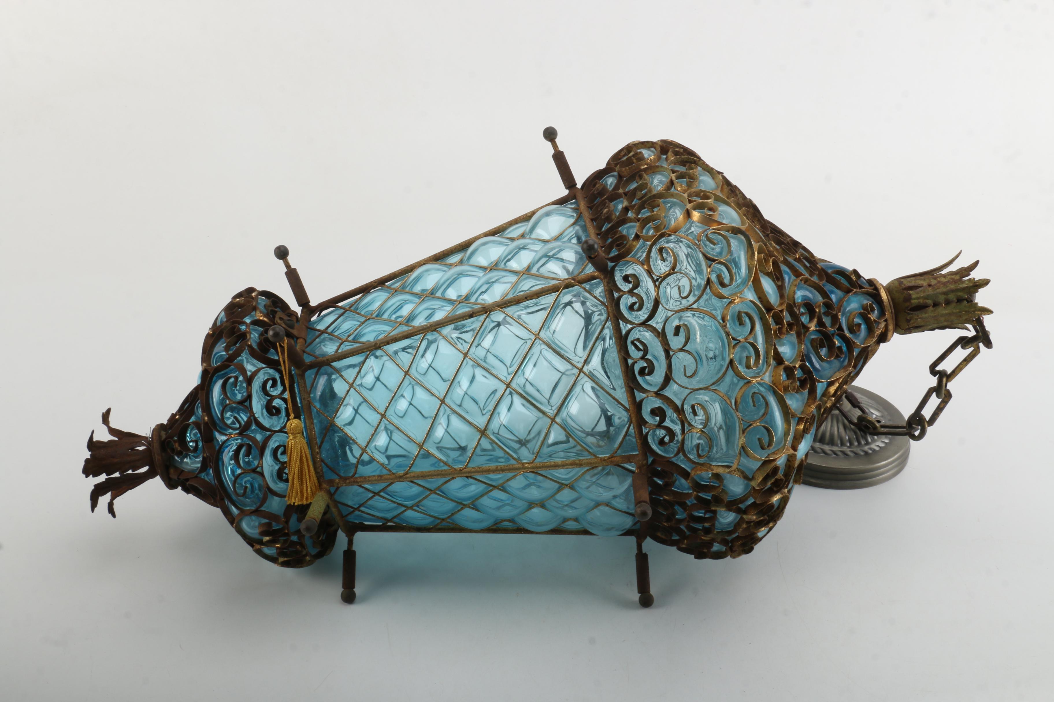 Mid-Century Pendant Light with Blue Glass | EBTH