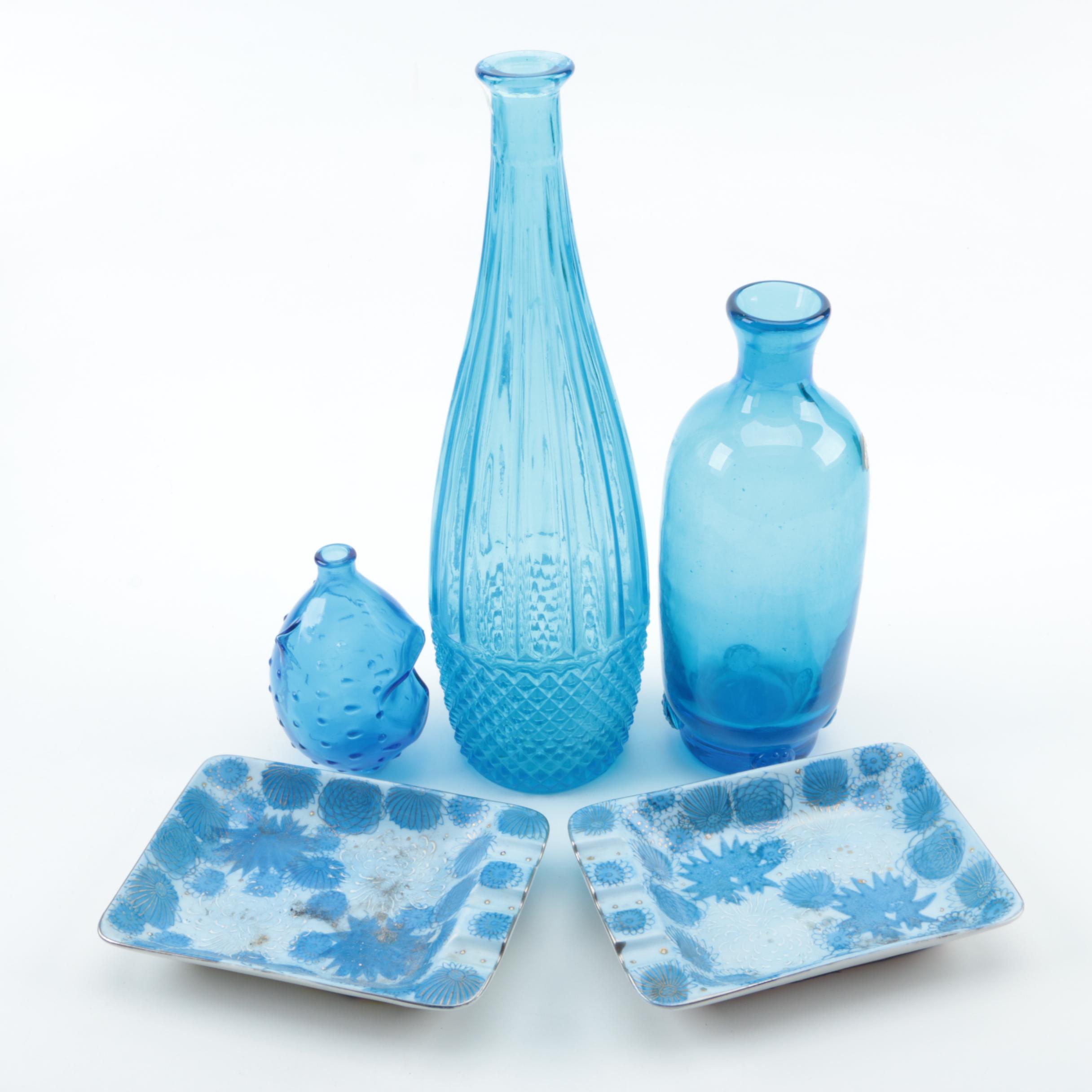 Blenko Blue Glass Bottle and Assorted Blue Home Accessories EBTH