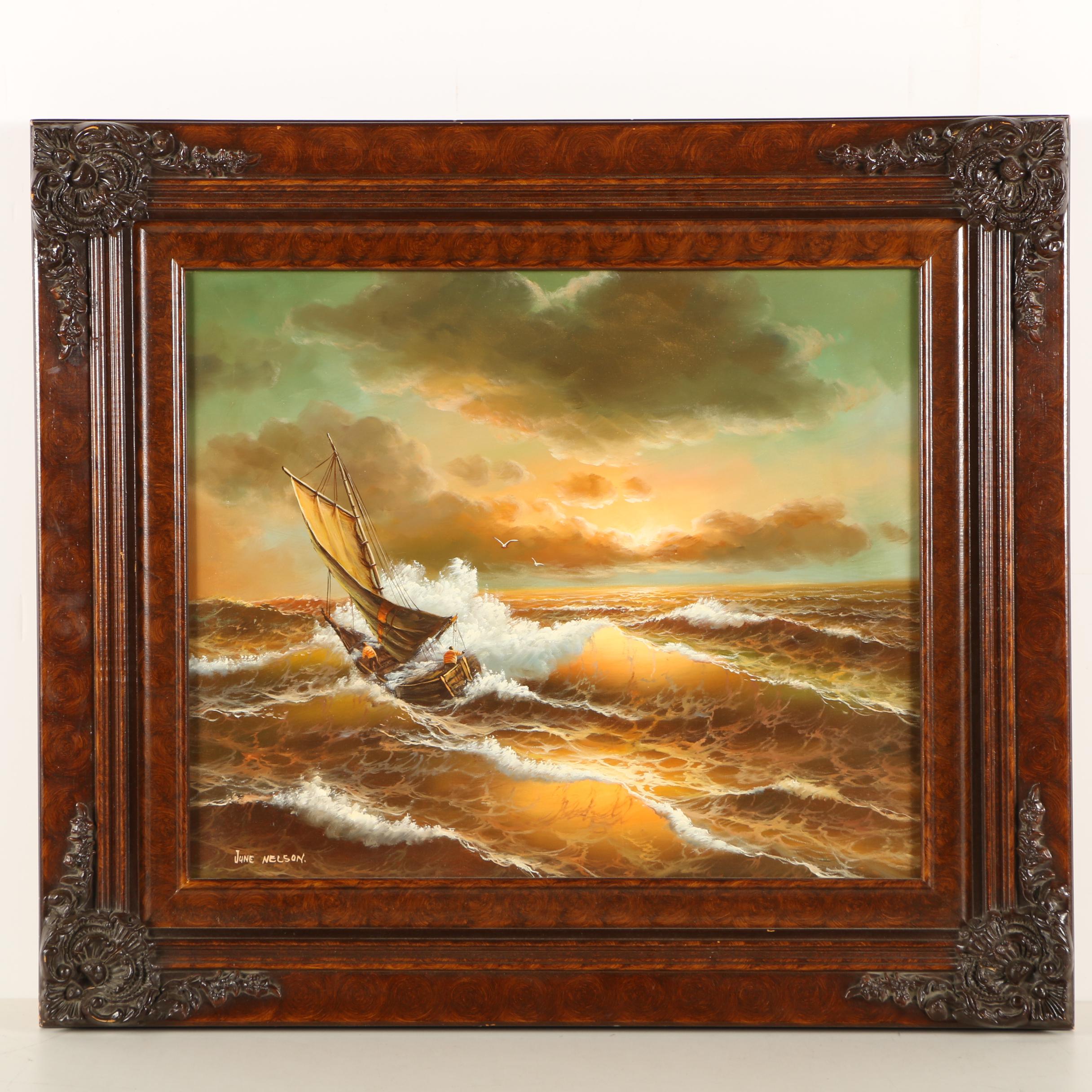June Nelson Oil Painting of a Sailboat Fighting the Waves | EBTH