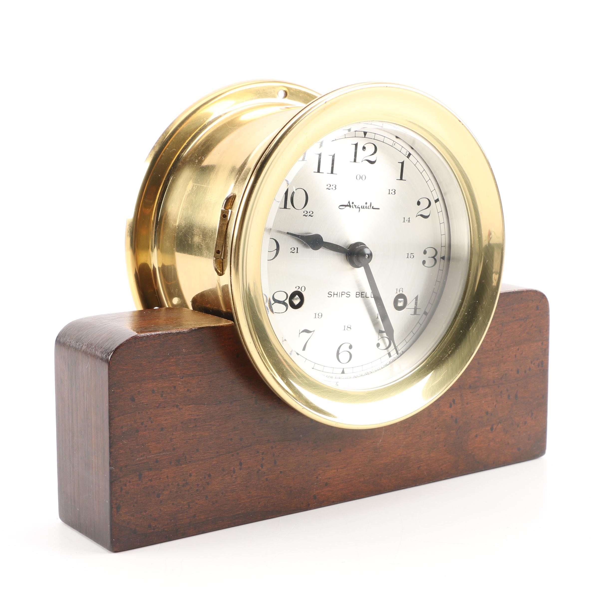 Brass Airguide Ships Bell Clock with Wooden Stand EBTH