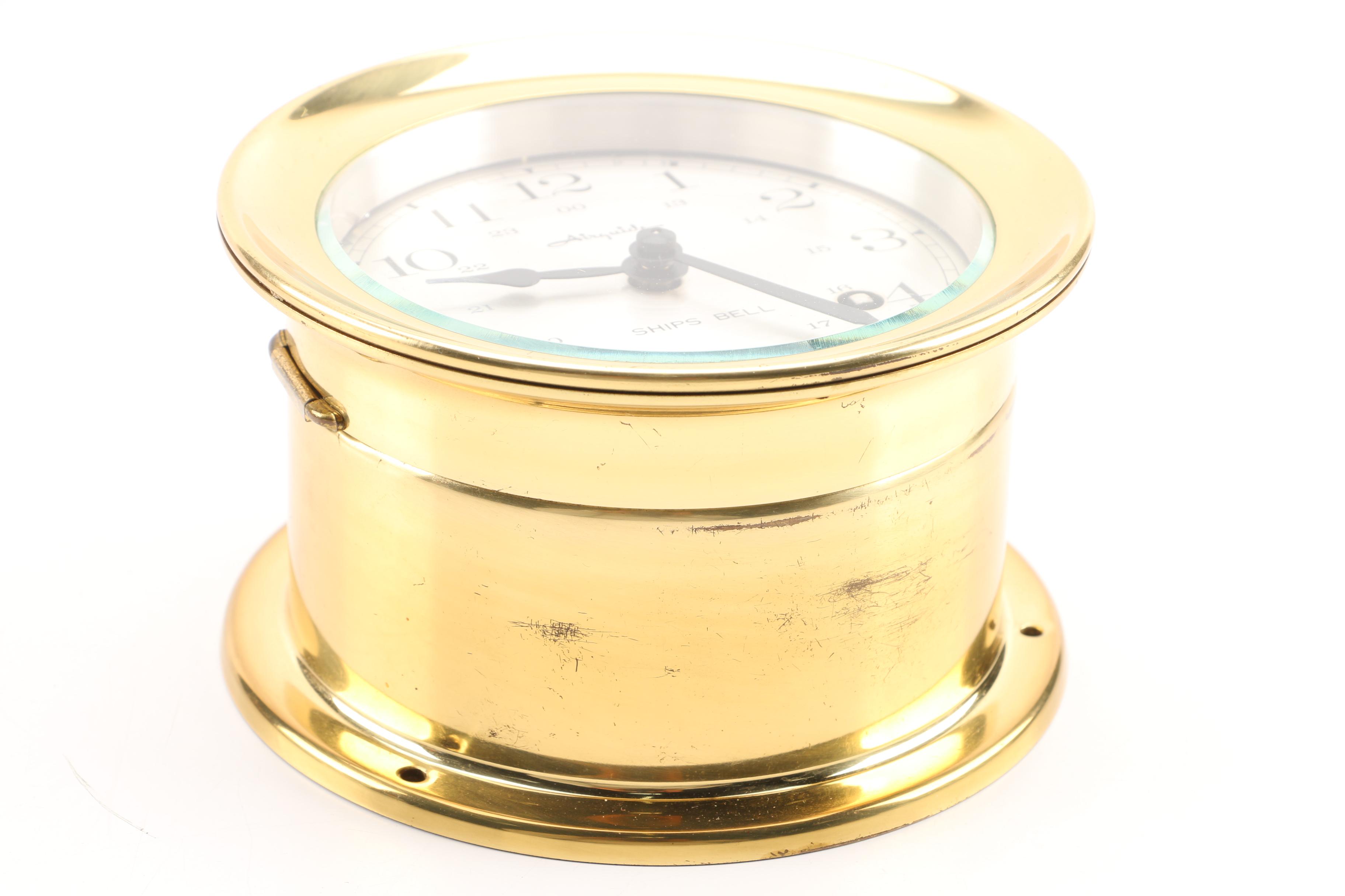 Brass Airguide Ships Bell Clock with Wooden Stand EBTH