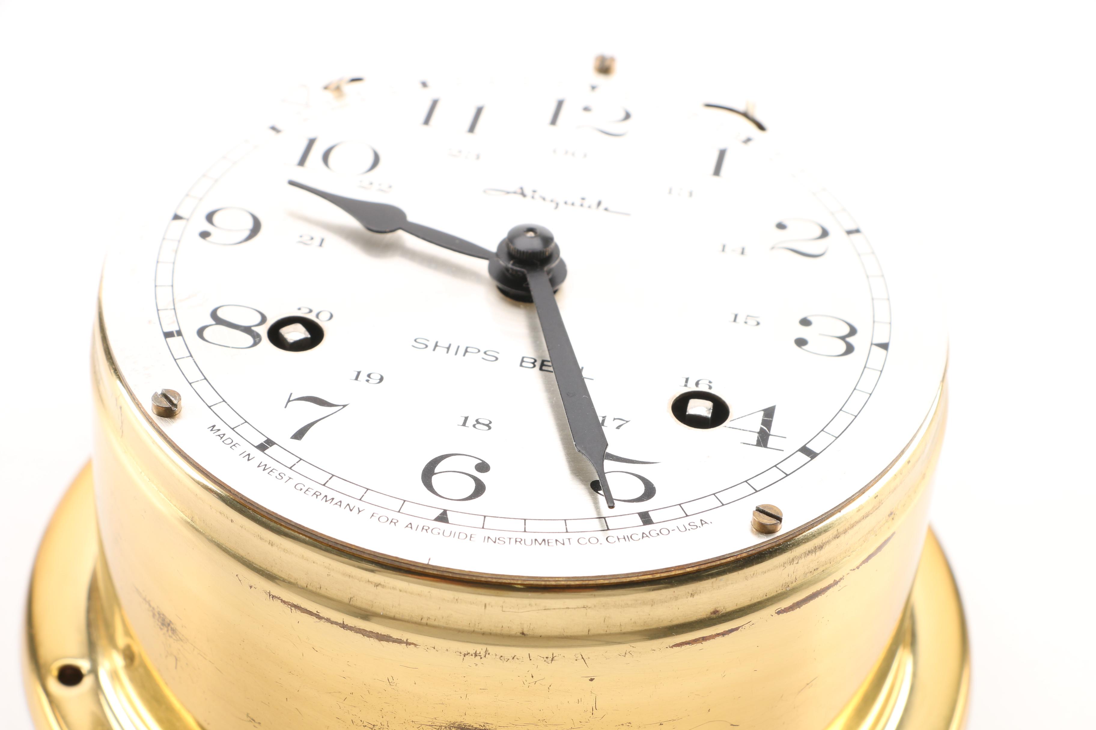 Brass Airguide Ships Bell Clock with Wooden Stand EBTH