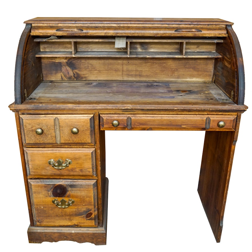Vintage Pine Roll Top Desk Ebth