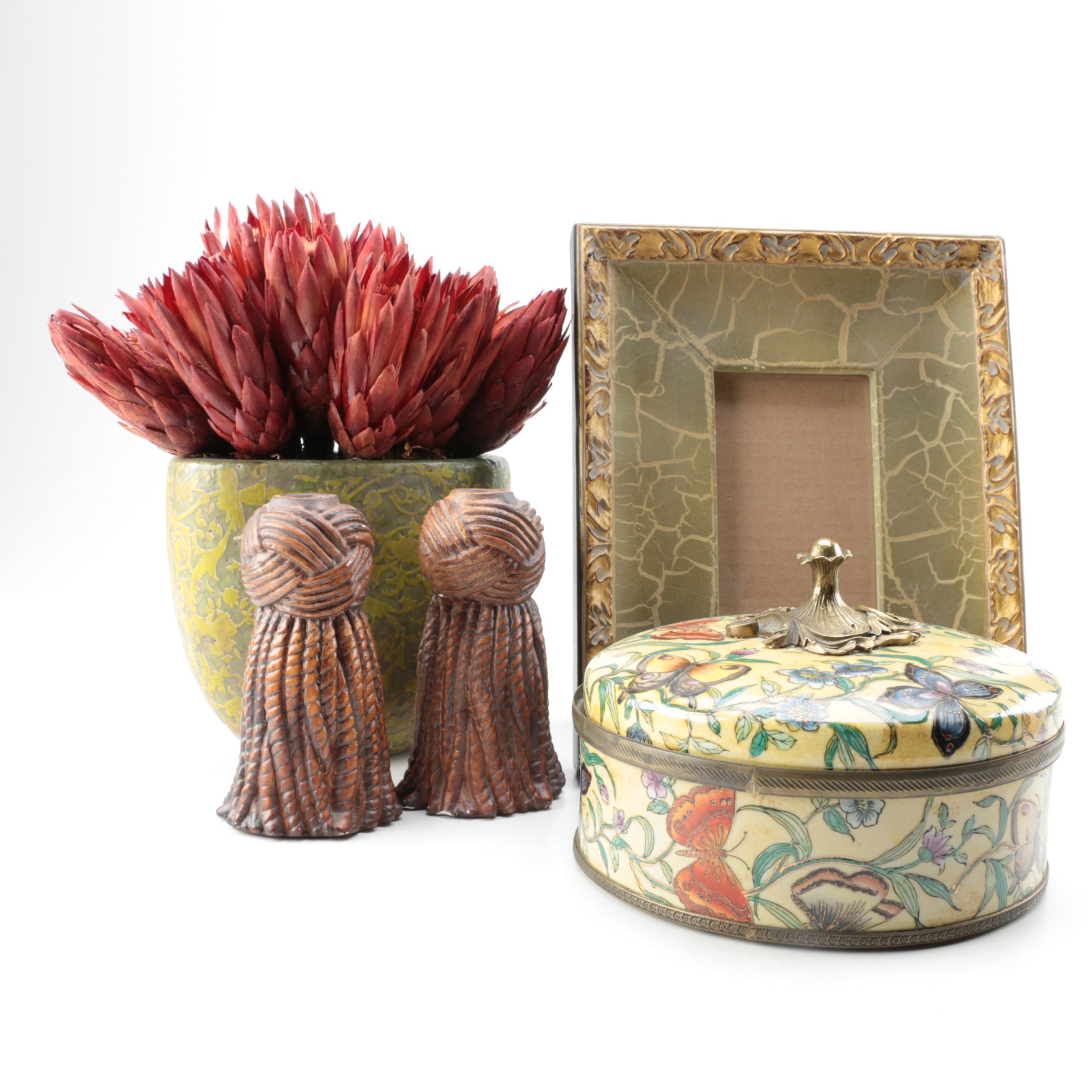 Picture Frame, Trinket Box and Vase with Dried Flowers EBTH