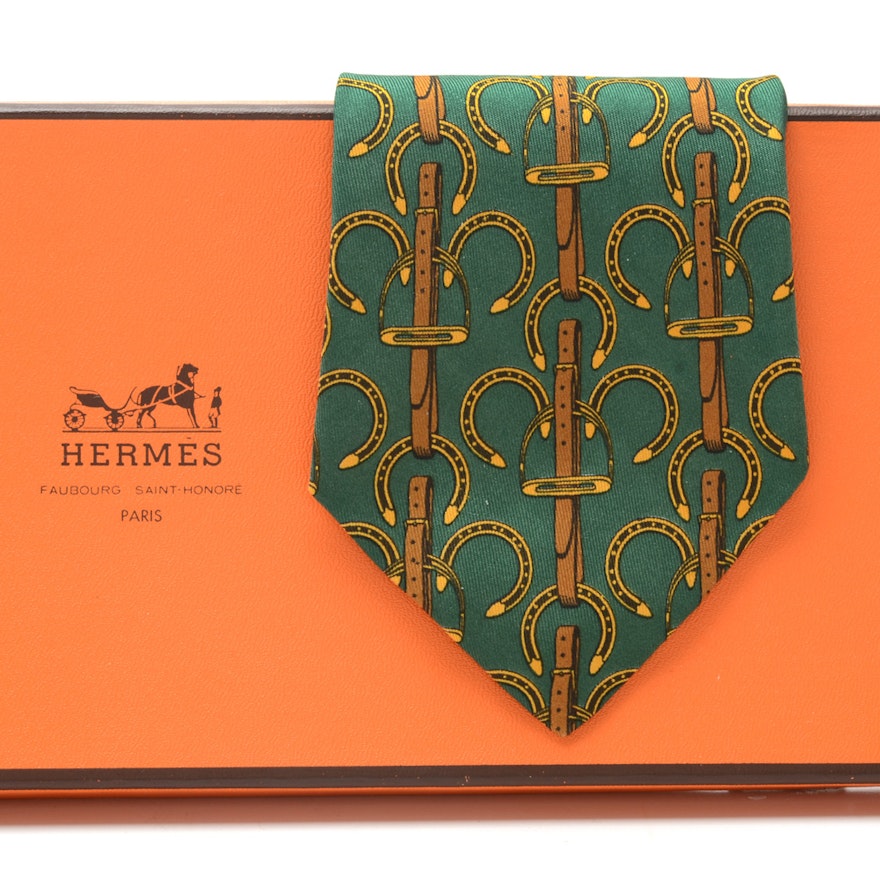Hermès Equestrian Themed Necktie in Green and Golden Yellow, Pattern #517 IA