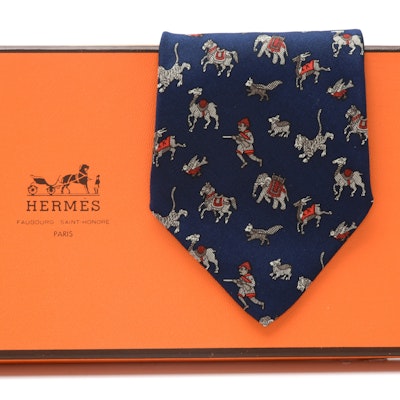 Hermès "Chasse en Inde" Navy Blue Silk Necktie, Pattern 963 IA, Made in France Hermès "Chasse en Inde" Navy Blue Silk Necktie, Pattern 963 IA, Made in France