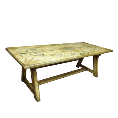 Antique Trestle Dining Table with Painted Neoclassical Motifs