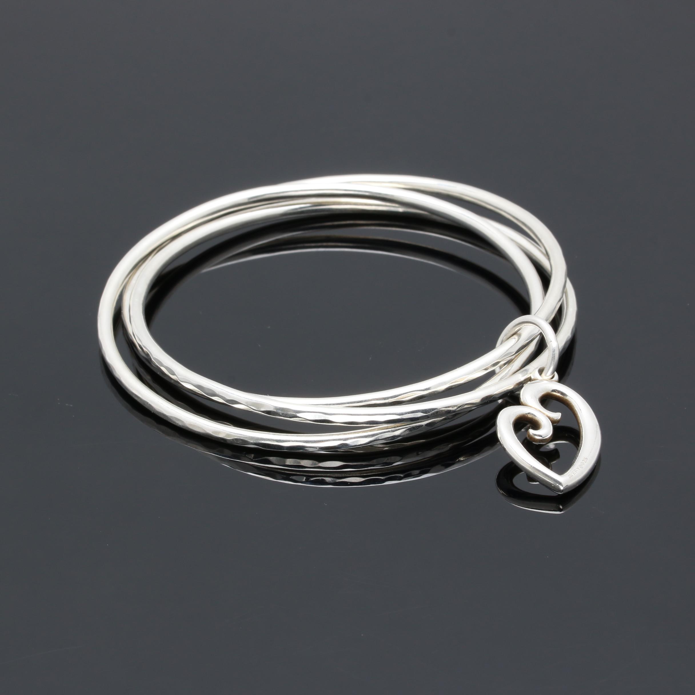 James Avery Sterling Silver Triple Bangle Bracelet with Heart Charm EBTH