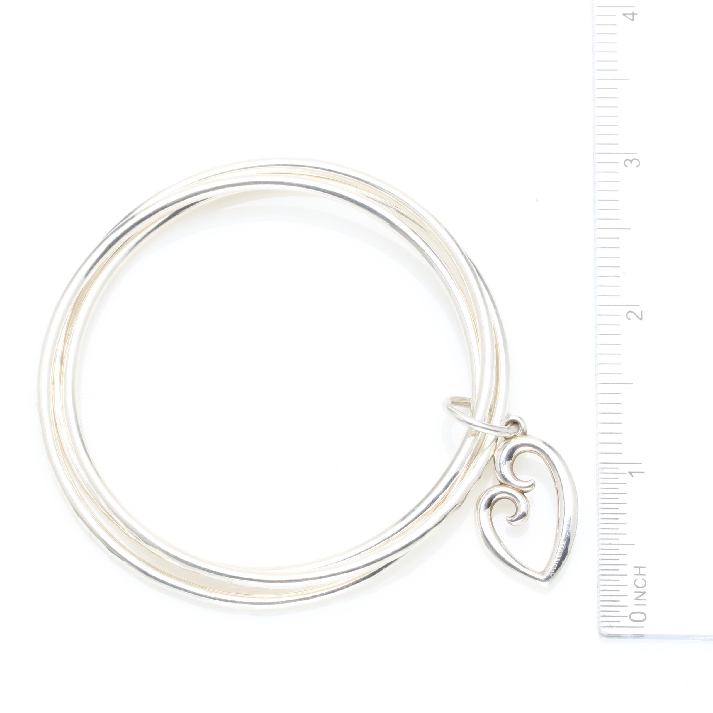 James Avery Sterling Silver Triple Bangle Bracelet with Heart Charm EBTH