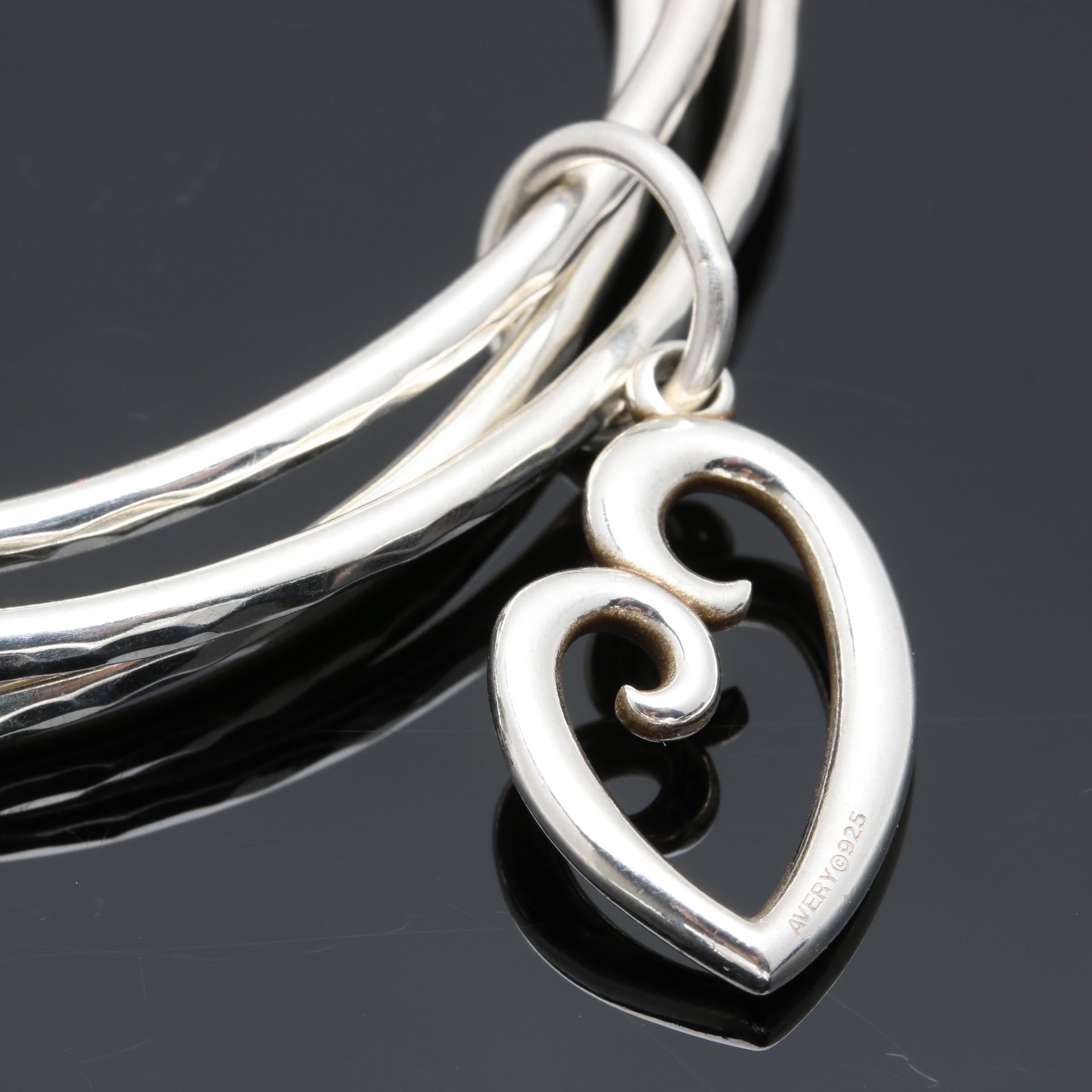 James Avery Sterling Silver Triple Bangle Bracelet with Heart Charm EBTH
