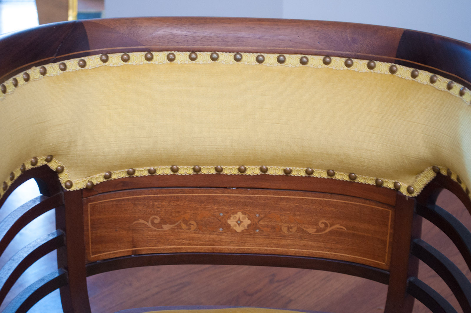 Antique Wood And Velvet Barrel Back Chair | EBTH