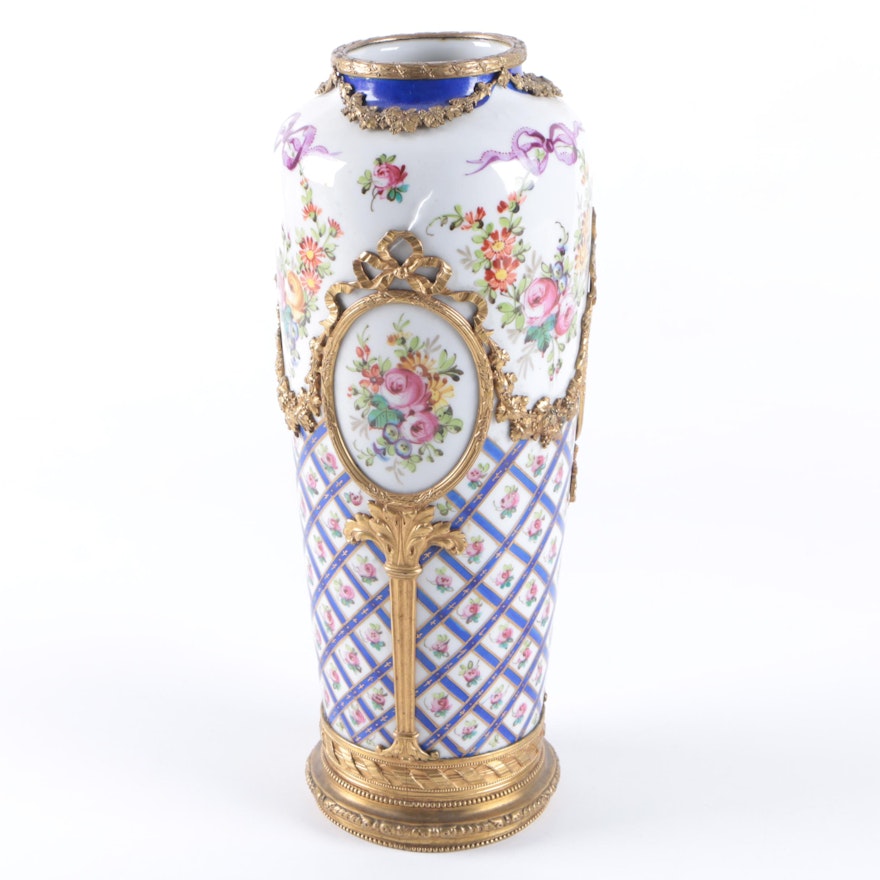 Antique Sevres Style Ormolu Mounted Porcelain Vase