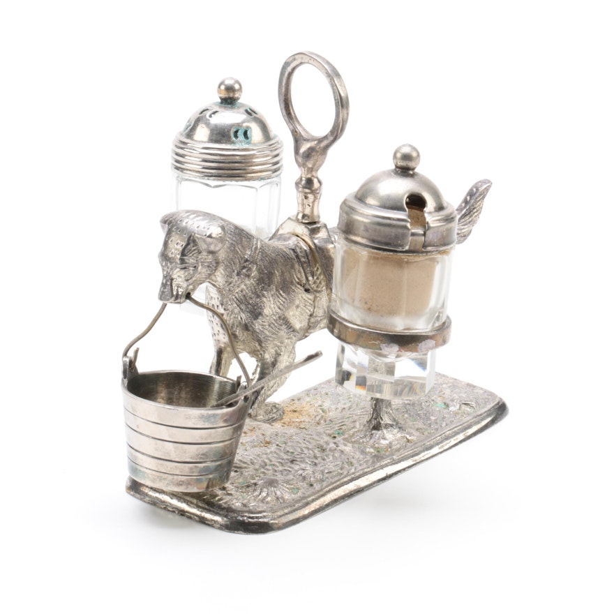 Vintage Dog and Pail Themed Silver Plate and Glass Condiment Stand