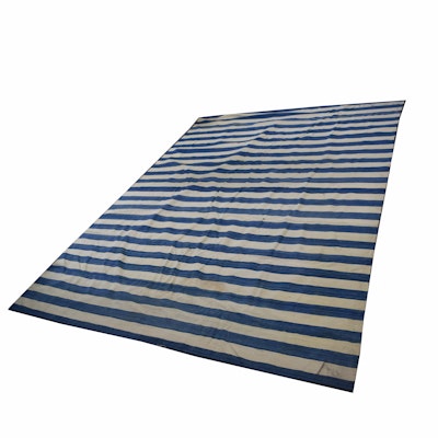Handwoven Blue and White Striped Wool Area Rug