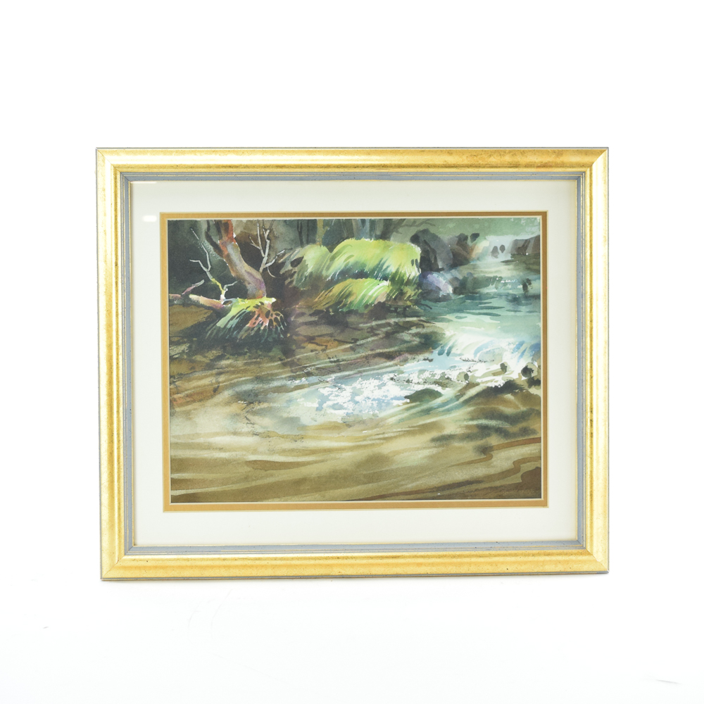 1988 Watercolor Painting Zoltan Szabo Bubbling Brook Ebth