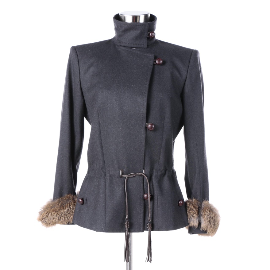 Women's Yves Saint Laurent Wool Blend Jacket with Rabbit Fur Cuffs