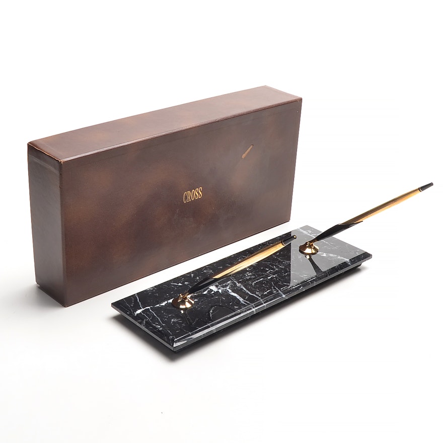 Vintage Cross Marble Desk Set With 10 Kt Gold Filled Pens Ebth