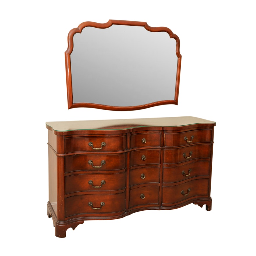 Serpentine Mahogany Dresser And Wall Mirror By Drexel Heritage