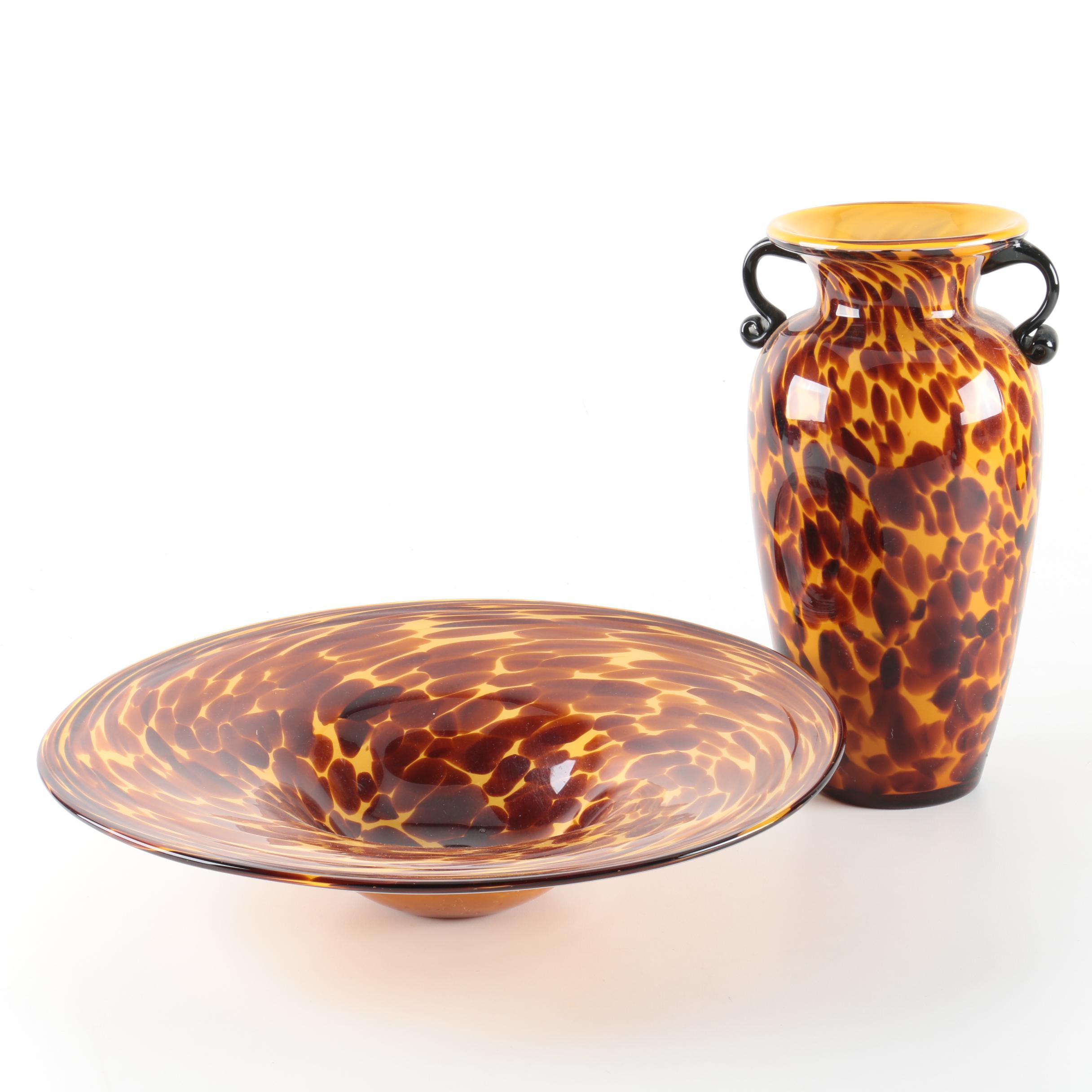 Hand Blown Tortoise Shell Style Art Glass Vase and Centerpiece EBTH
