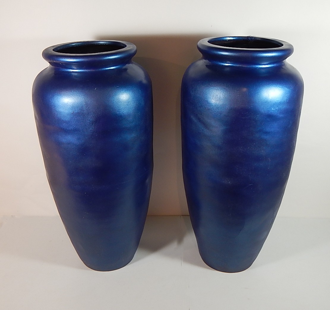 Two Large Metallic Blue Fiberglass Decorative Floor Vases