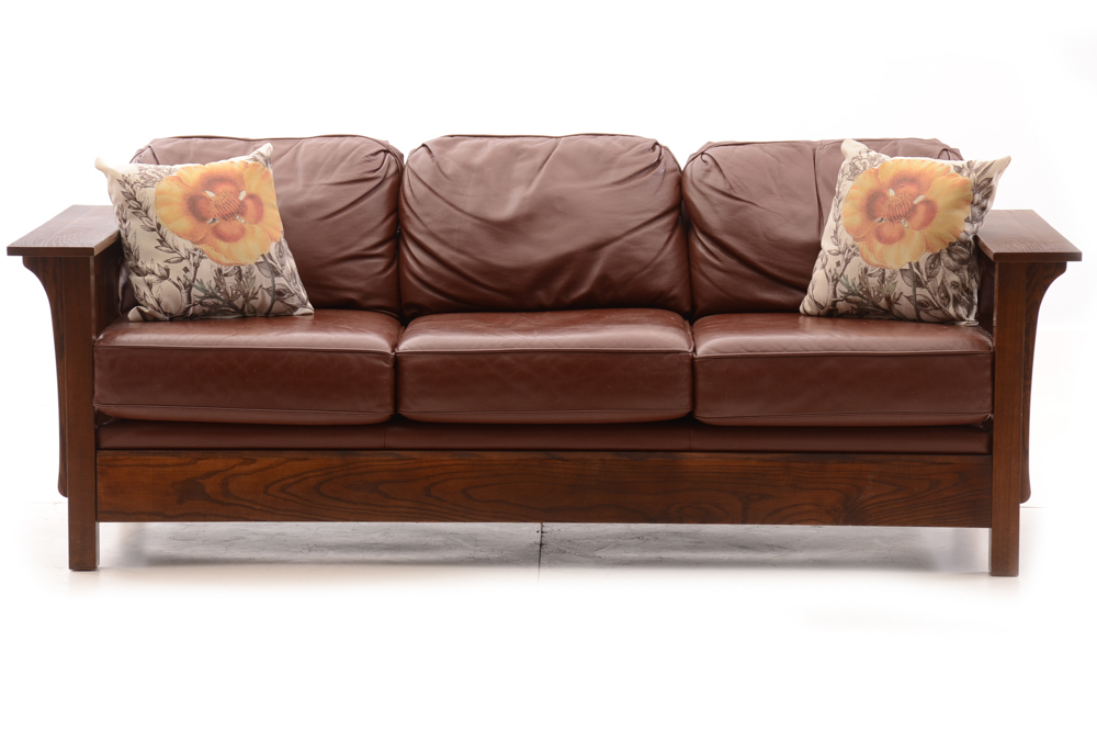 Arts and Crafts Style Oak and Leather Sofa by Bassett EBTH