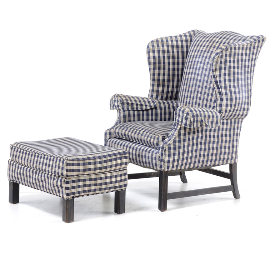 Chippendale Style Blue Plaid Wingback Chair And Ottoman Ebth