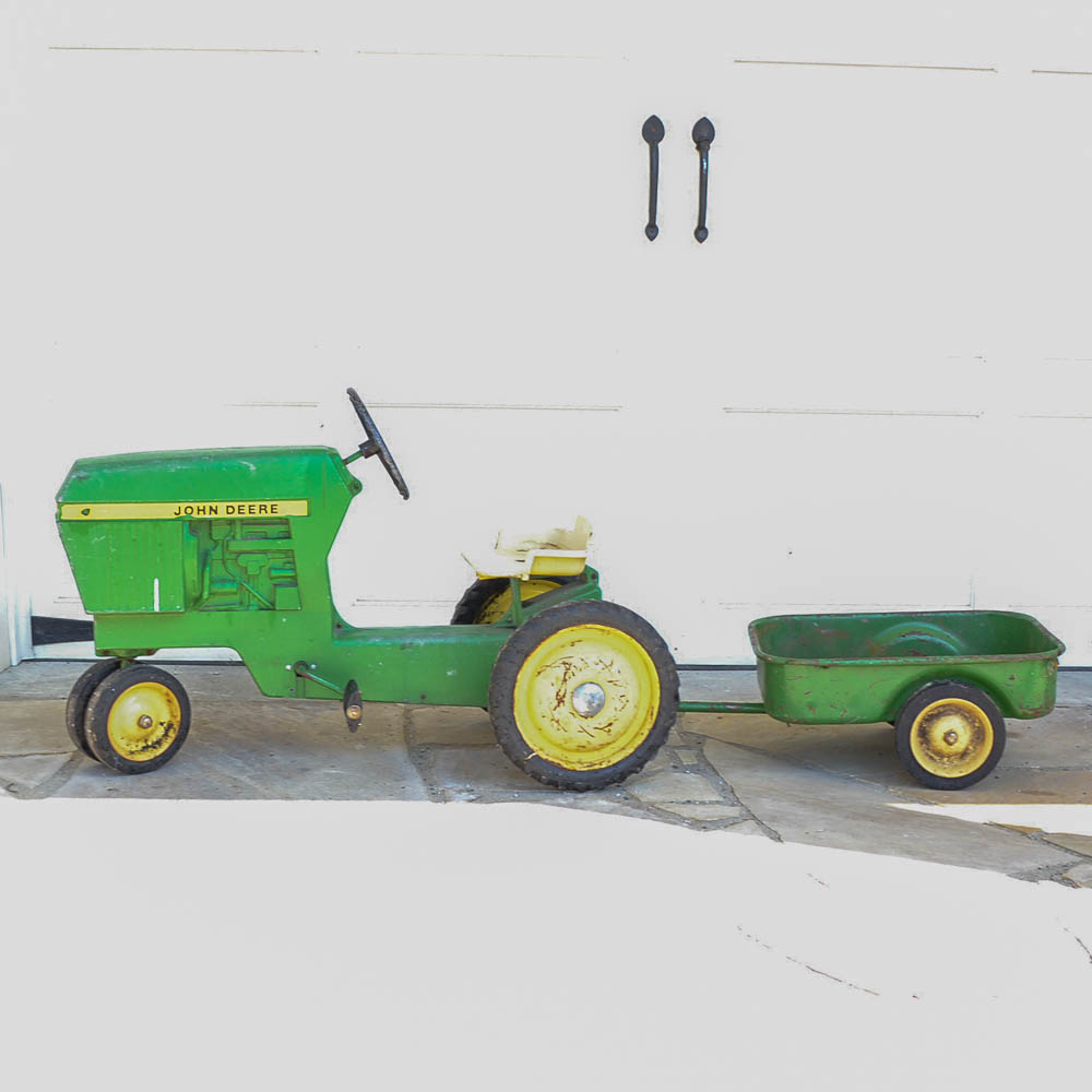 vintage john deere pedal tractor with trailer