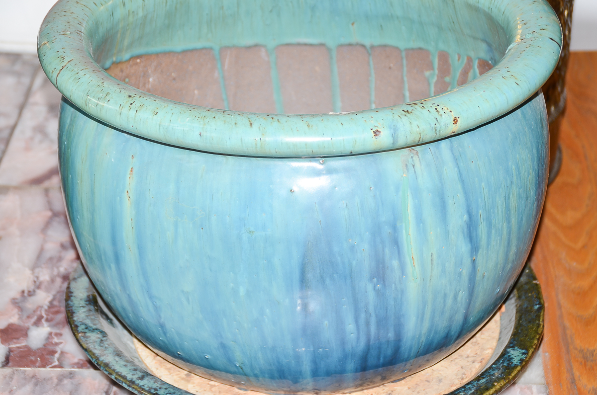 Green and Blue Glazed Planter Pot with Tray | EBTH