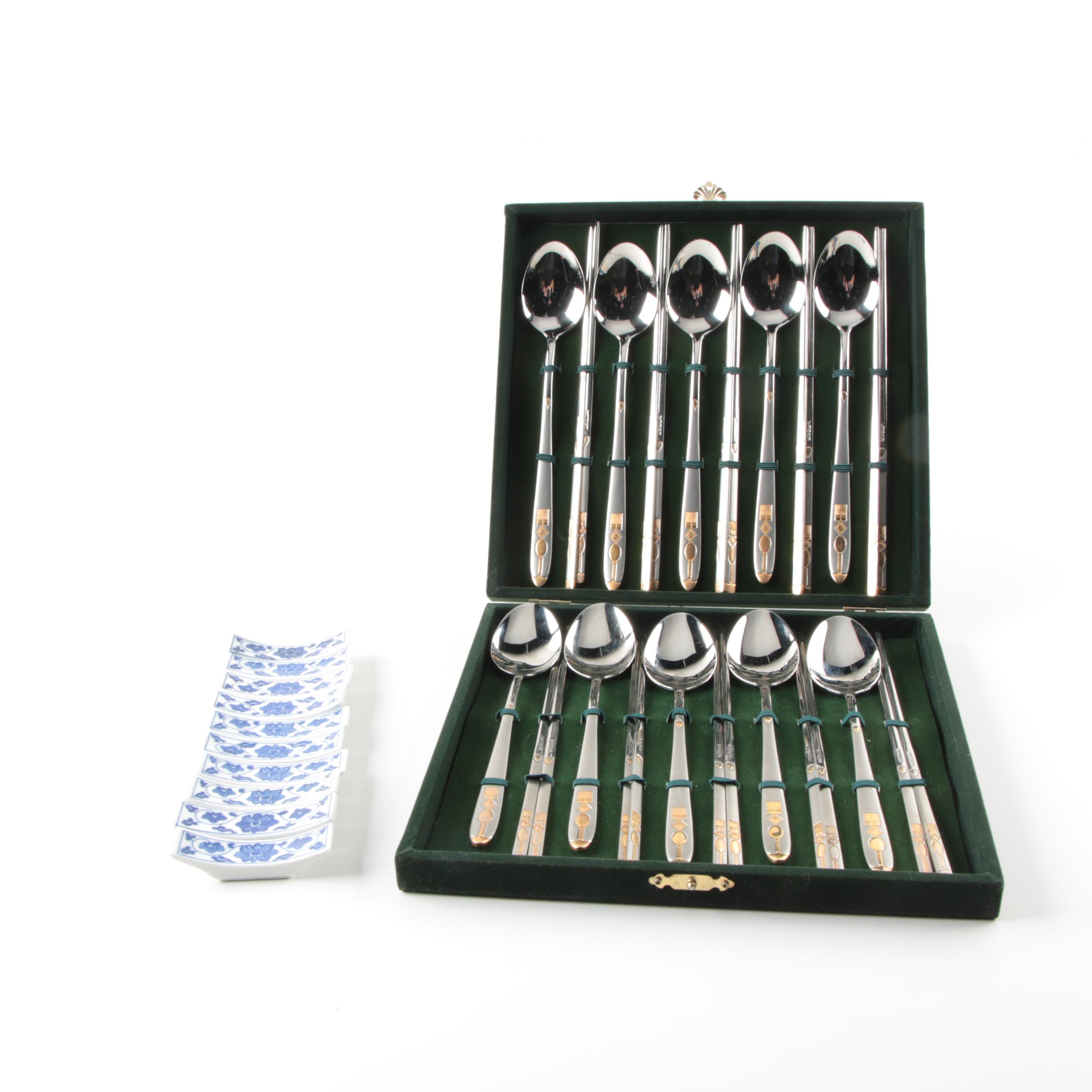 Korean Chopsticks and Spoons Set with Porcelain Rests EBTH