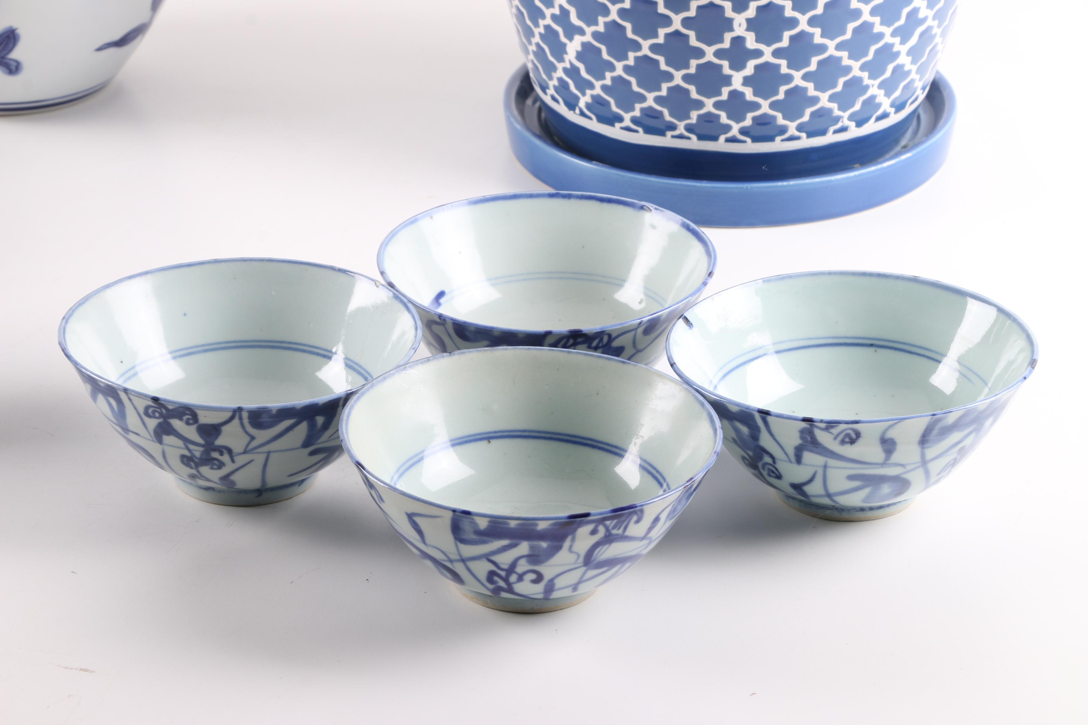 Blue and White Ceramic Ginger Jar, Planter, and Bowls EBTH