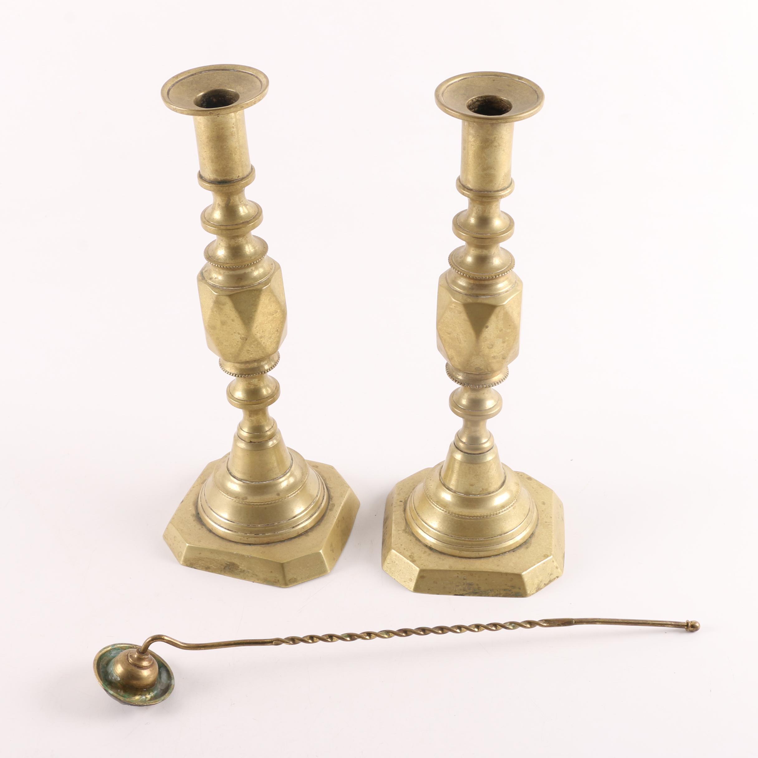 ANtique Brass Push Up Candlesticks with Snuffer EBTH